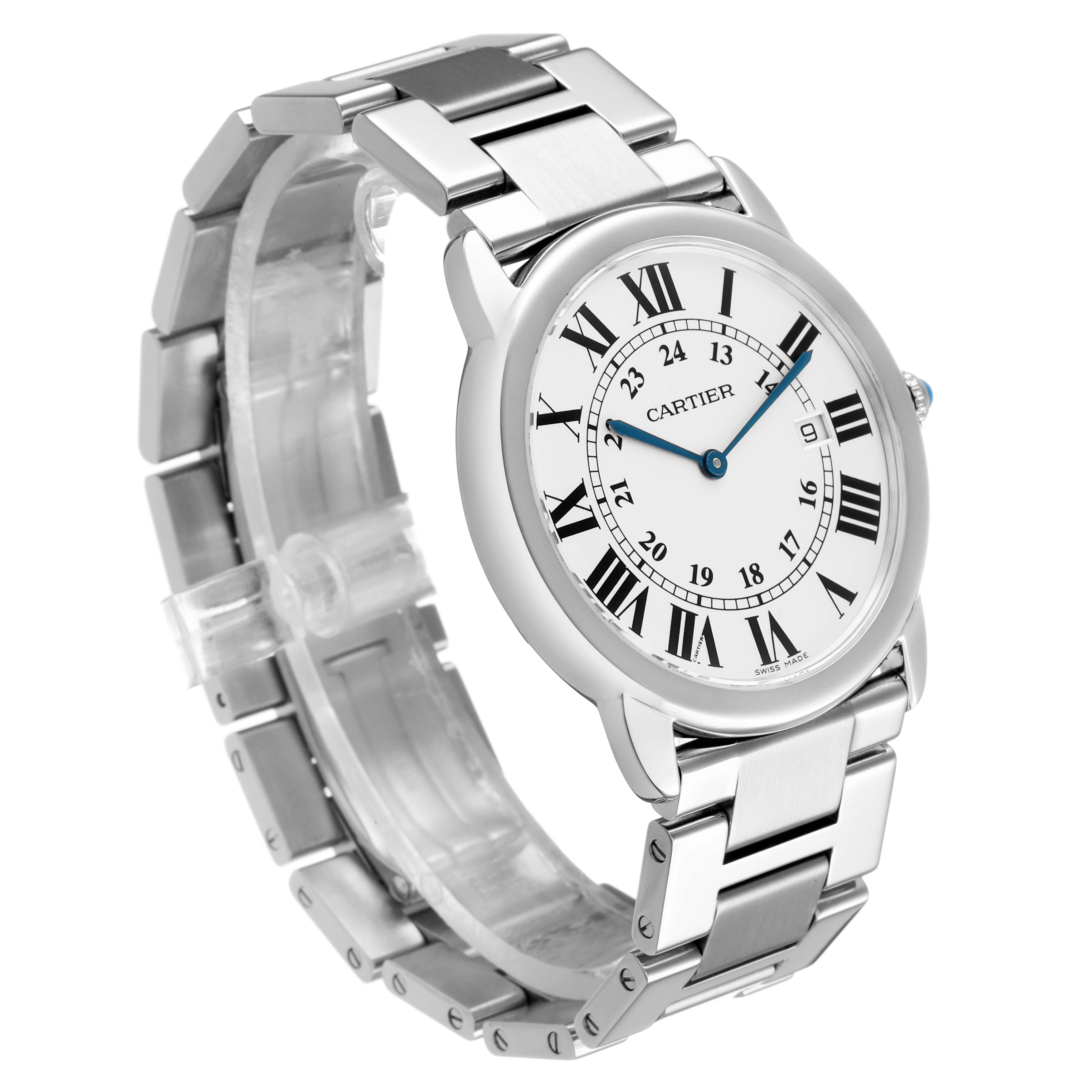 The Cartier Ronde W6701005 Men's Stainless Steel Silver Dial watch is shown at an angled side view, displaying its face, Roman numerals, and metallic bracelet.