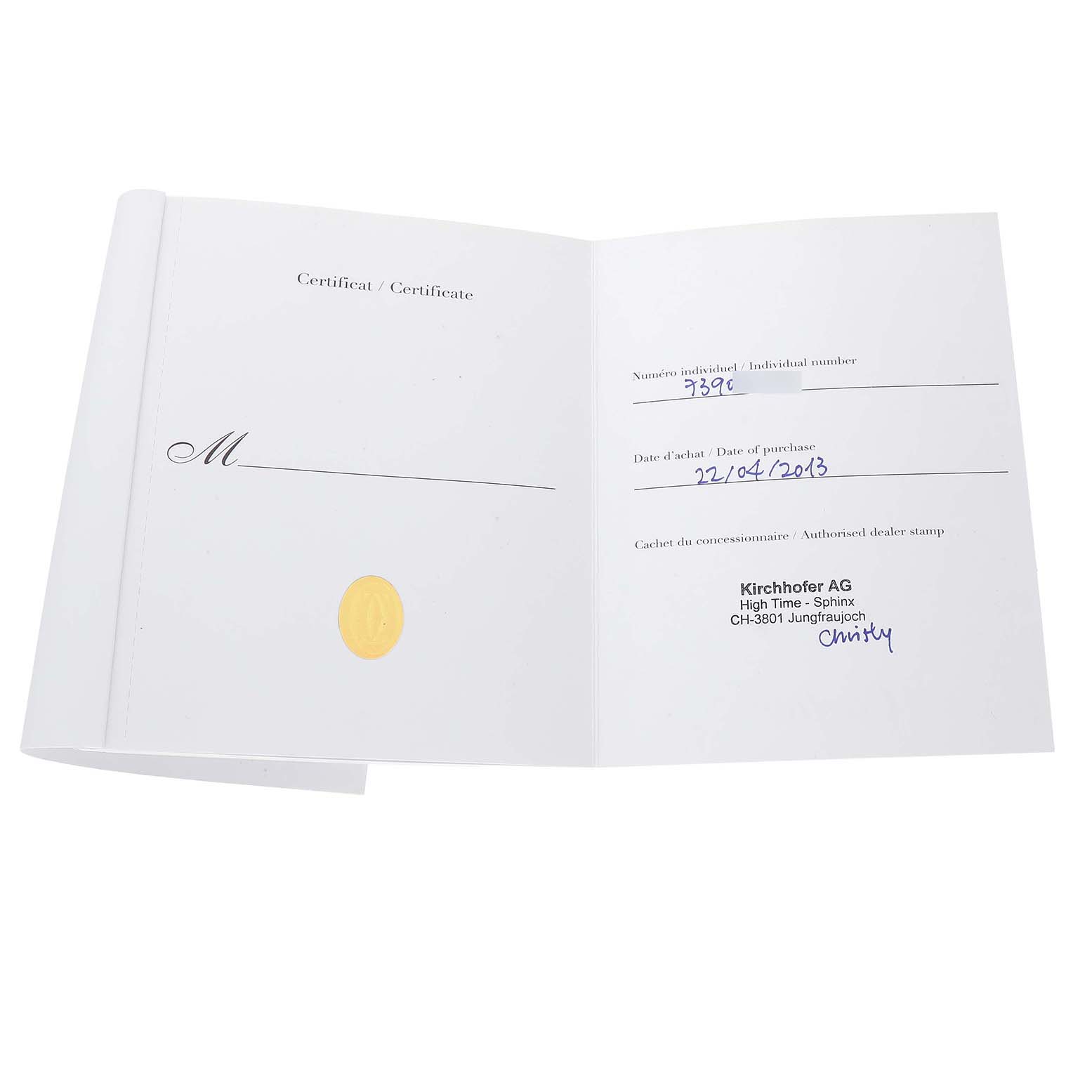 The image shows the open certificate booklet for the Cartier Ronde W6701005 Men's Stainless Steel Silver Dial model watch.