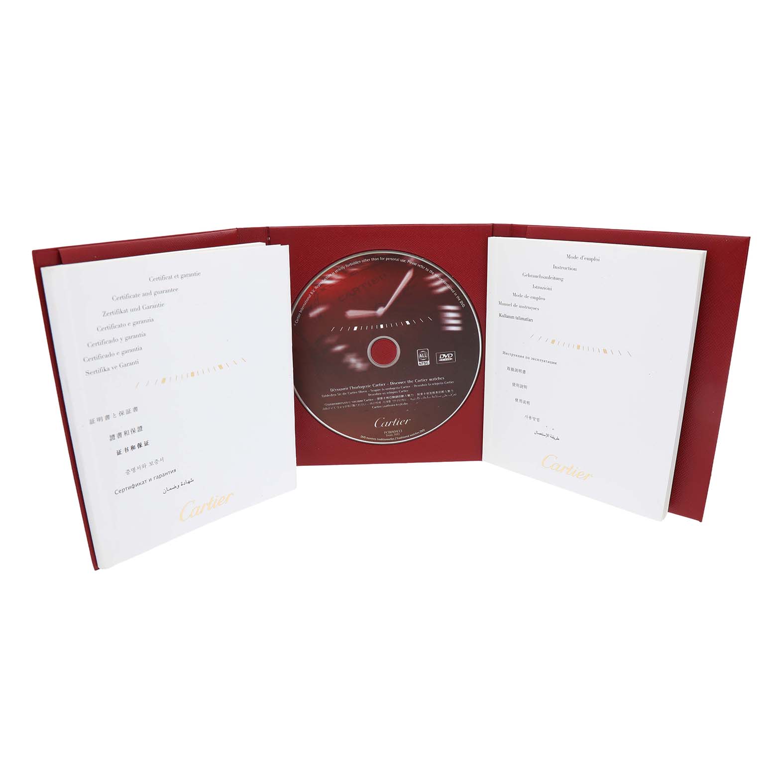 The image shows the Cartier Ronde W6701005 Men's Stainless Steel Silver Dial model watch accessories, including a red booklet with a included DVD.