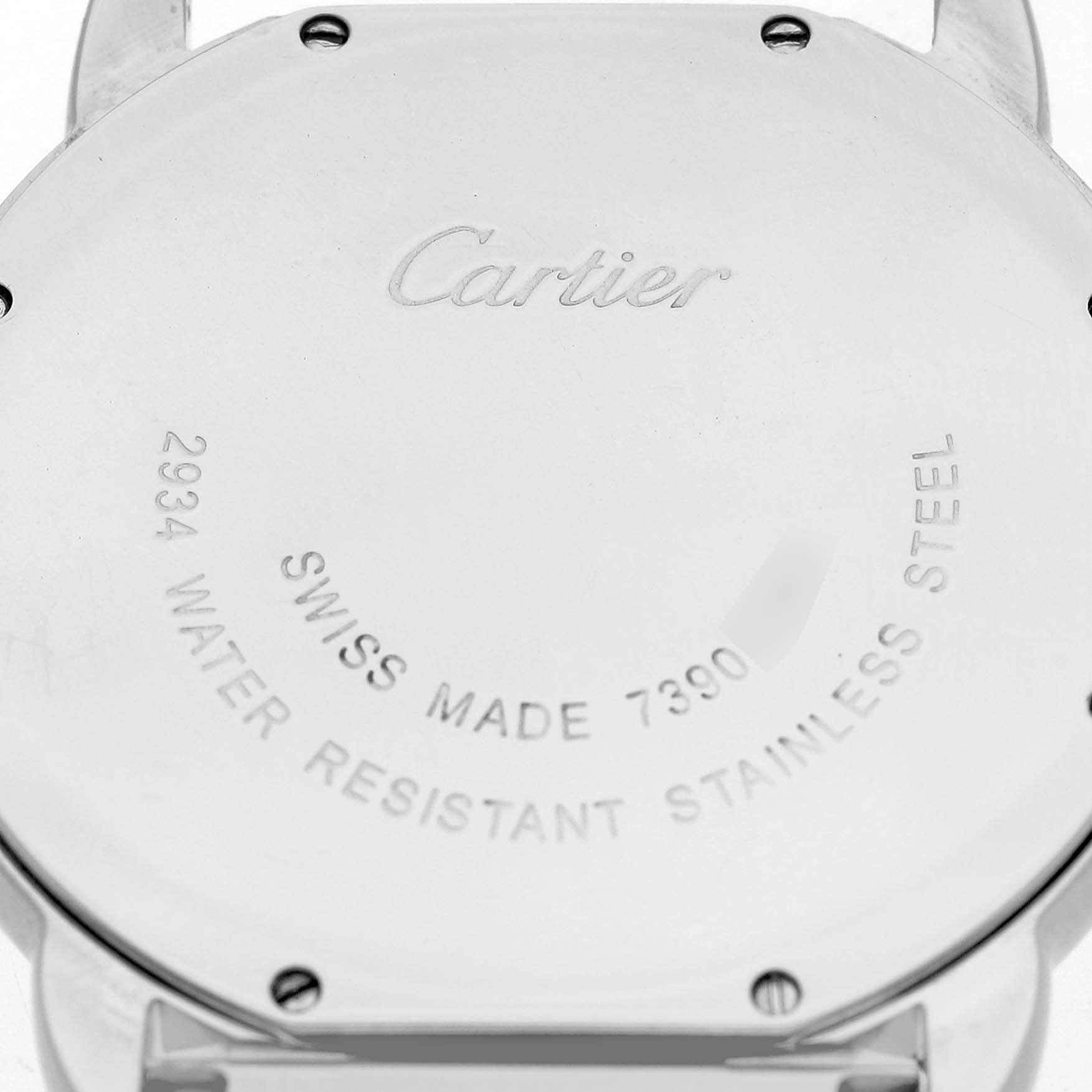The image shows the back of a Cartier Ronde W6701005 Men's Stainless Steel Silver Dial watch, highlighting the brand logo, model number, and material details.