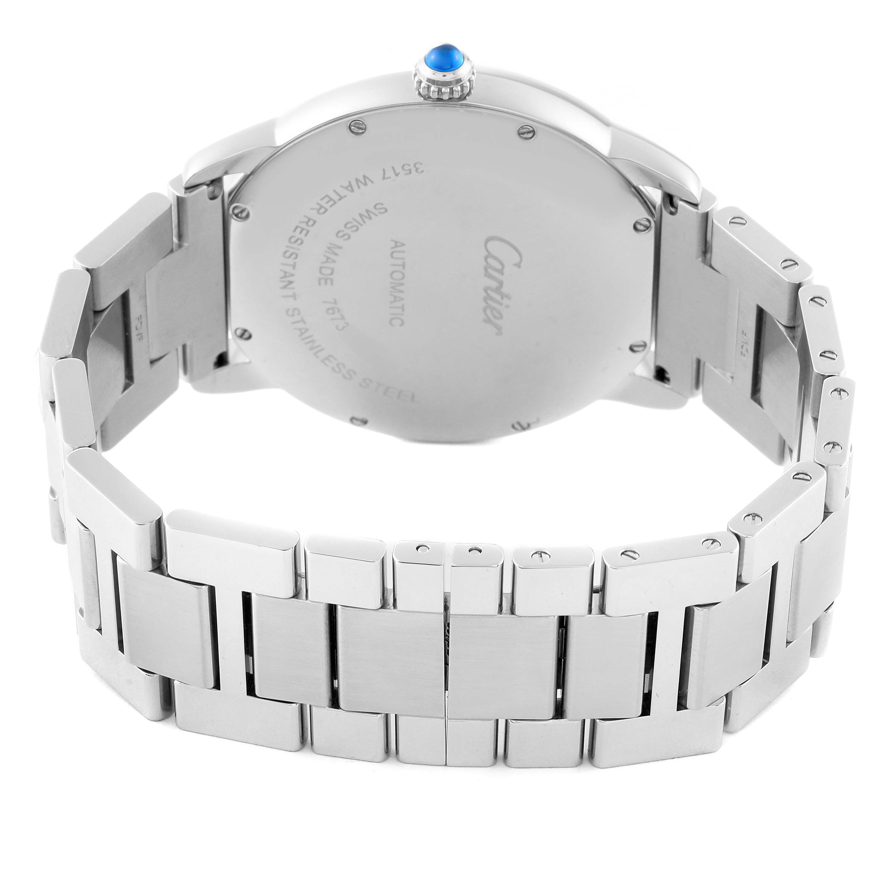 The image shows the back and bracelet of a Cartier Ronde W6701011 Men
s Stainless Steel Silver Dial W6701011 Men
s Stainless Steel Silver Dial model watch at a rear angle.