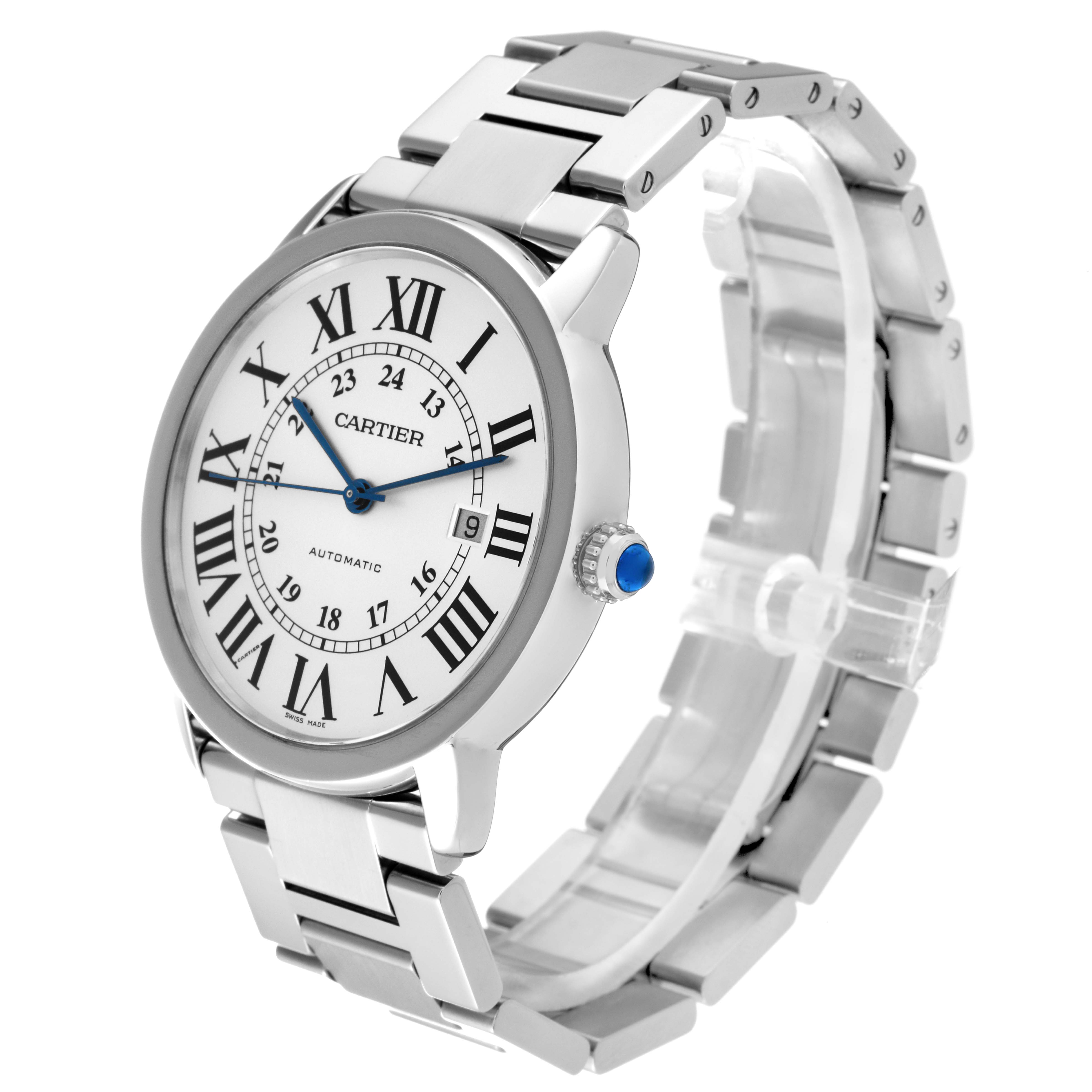 This image shows a Cartier Ronde W6701011 Men
s Stainless Steel Silver Dial W6701011 Men
s Stainless Steel Silver Dial watch from a front-side angle, highlighting its dial, metal bracelet, and crown.