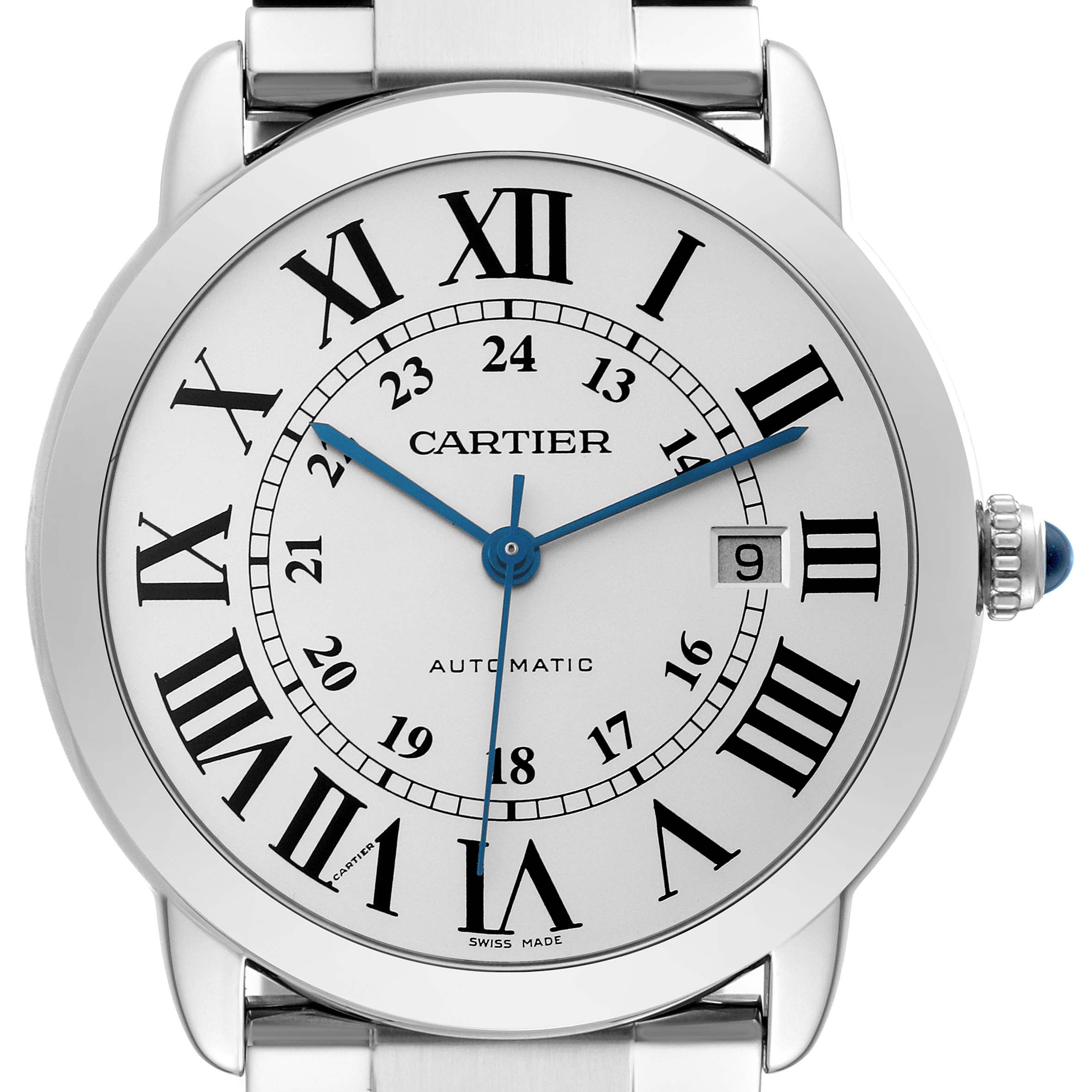 The image shows a frontal view of the Ronde model Cartier watch, highlighting the dial, Roman numerals, hour and minute hands, and date window.