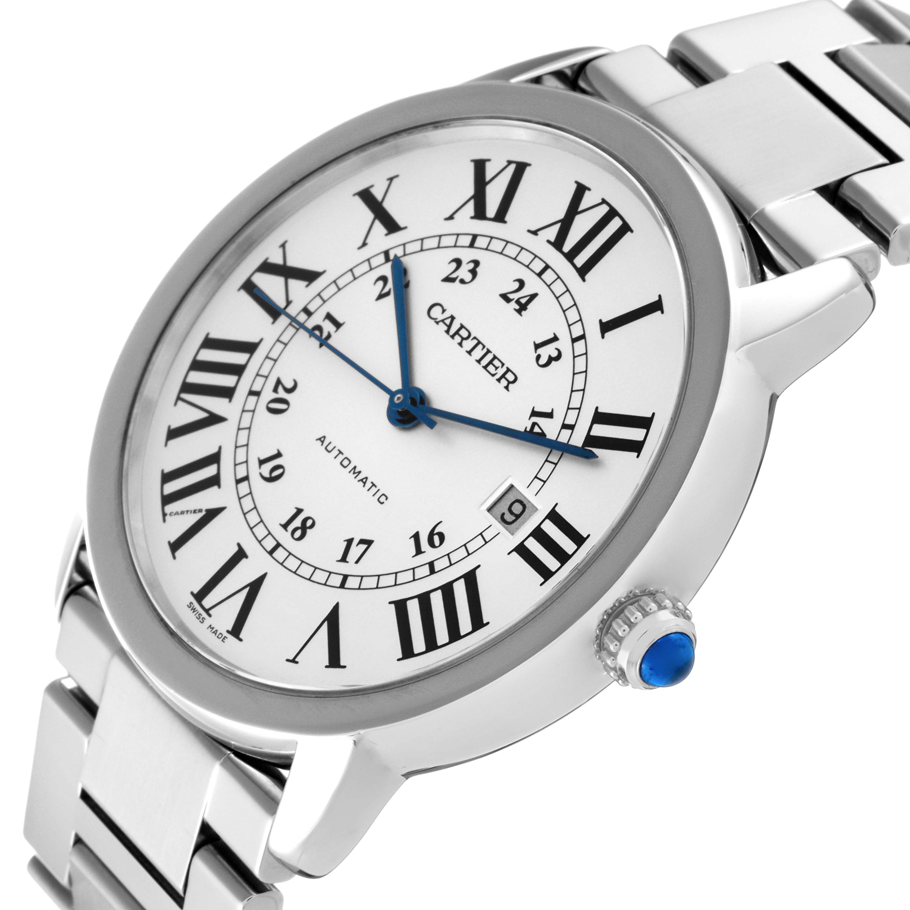 The image shows a close-up angle of a Cartier Ronde W6701011 Men
s Stainless Steel Silver Dial W6701011 Men
s Stainless Steel Silver Dial watch displaying its face, bezel, crown, and partially visible bracelet.