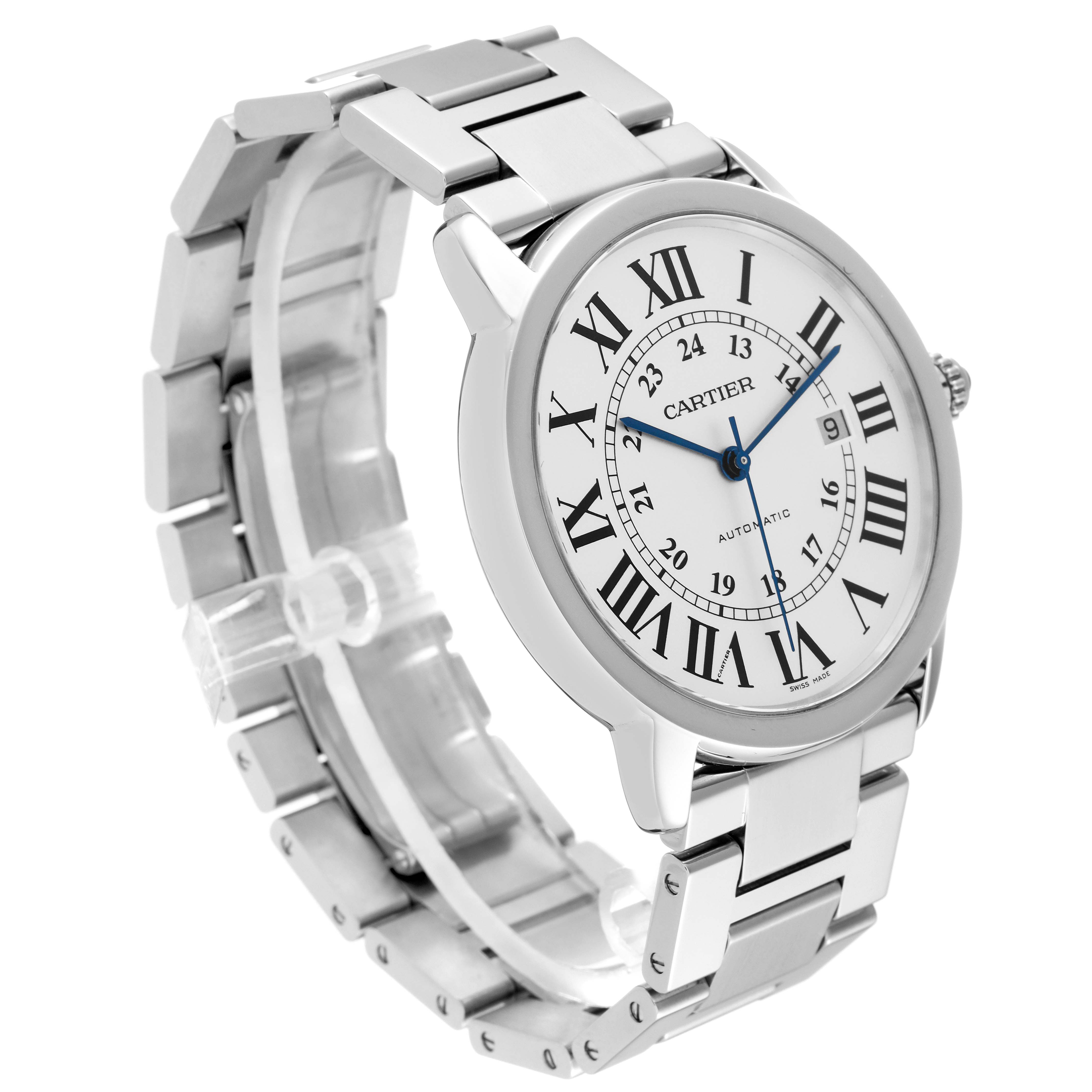 The Cartier Ronde W6701011 Men
s Stainless Steel Silver Dial W6701011 Men
s Stainless Steel Silver Dial model watch is shown at a three-quarter angle, displaying its face, bracelet, and crown.