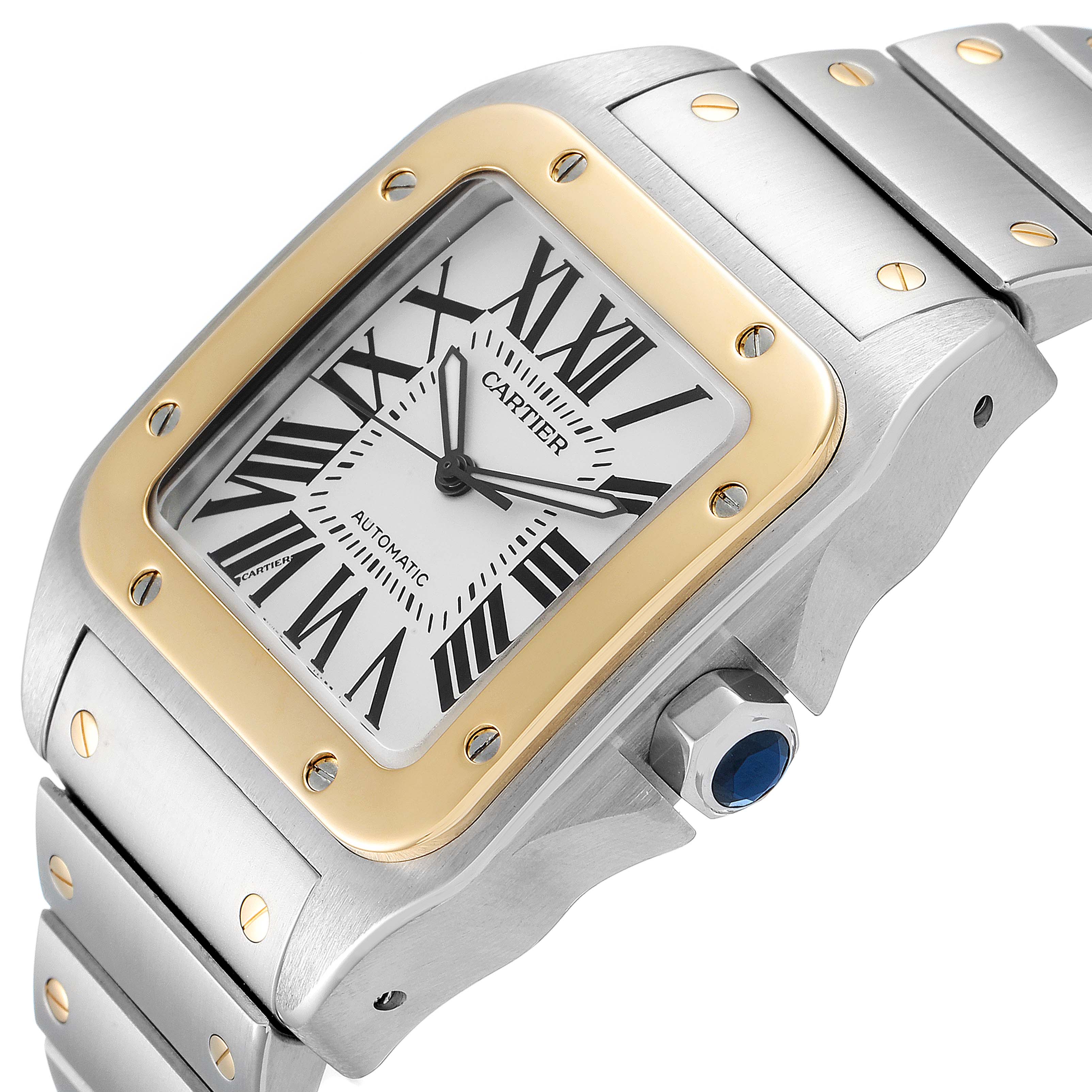 The image shows a Cartier Santos W200728G  Men's Steel and Gold (two tone) Silver Dial W200728G  Men's Steel and Gold (two tone) Silver Dial watch at a three-quarter angle, highlighting its face, bezel, crown, and part of the bracelet.