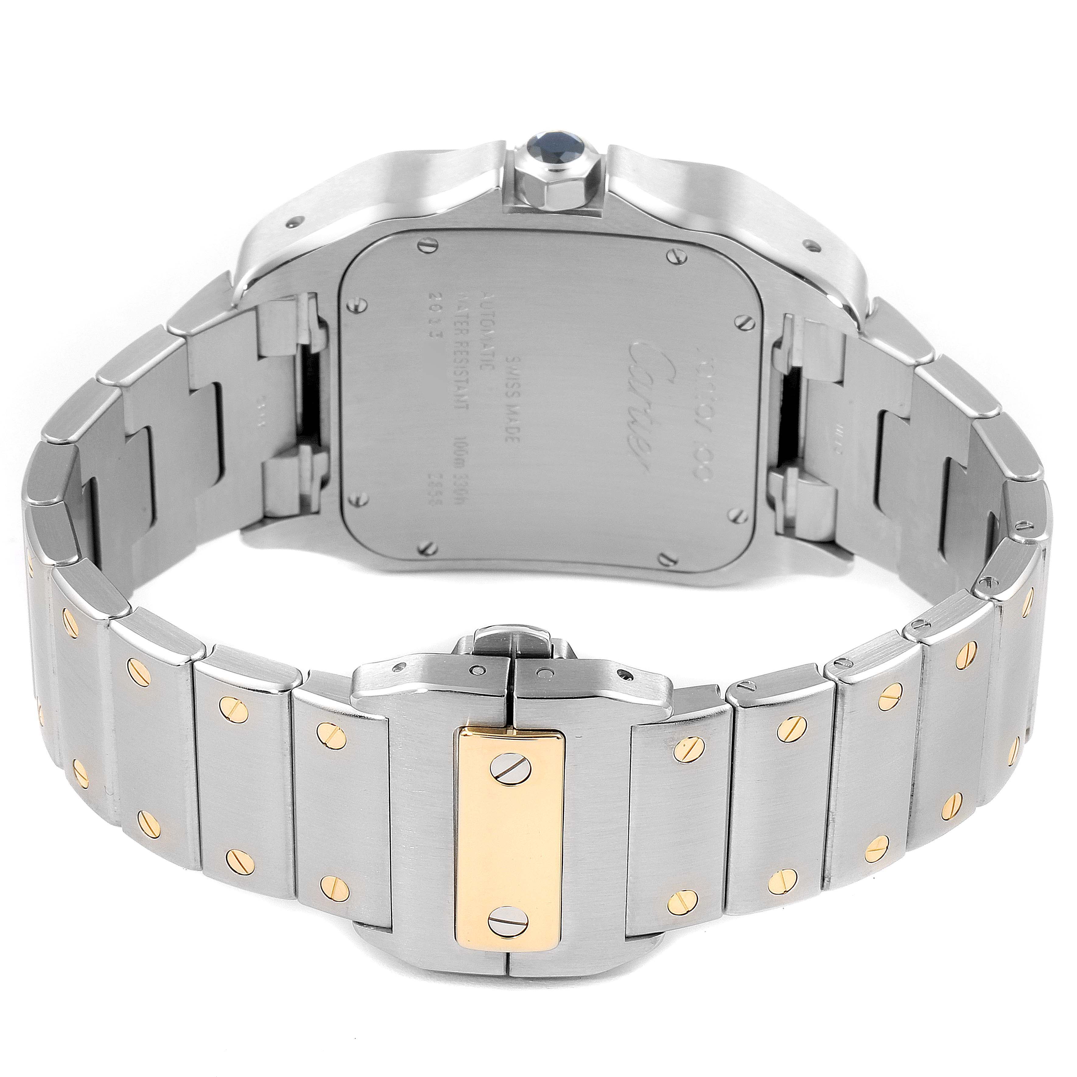 The image shows a rear view of the Cartier Santos W200728G  Men's Steel and Gold (two tone) Silver Dial W200728G  Men's Steel and Gold (two tone) Silver Dial watch, highlighting the case back, bracelet, and clasp.