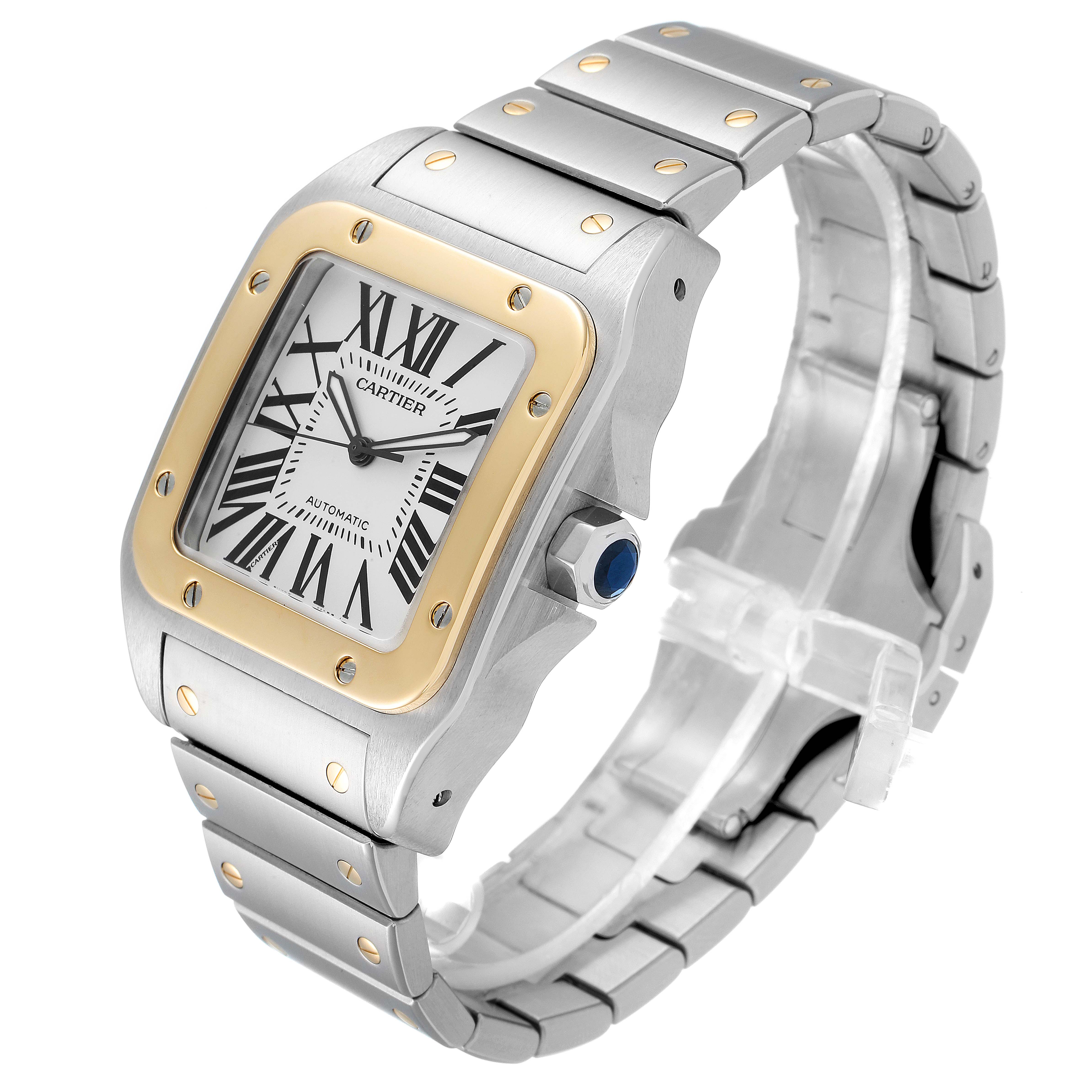 The image shows a Cartier Santos W200728G  Men's Steel and Gold (two tone) Silver Dial W200728G  Men's Steel and Gold (two tone) Silver Dial watch at an angle displaying the face, bezel, and parts of the bracelet.