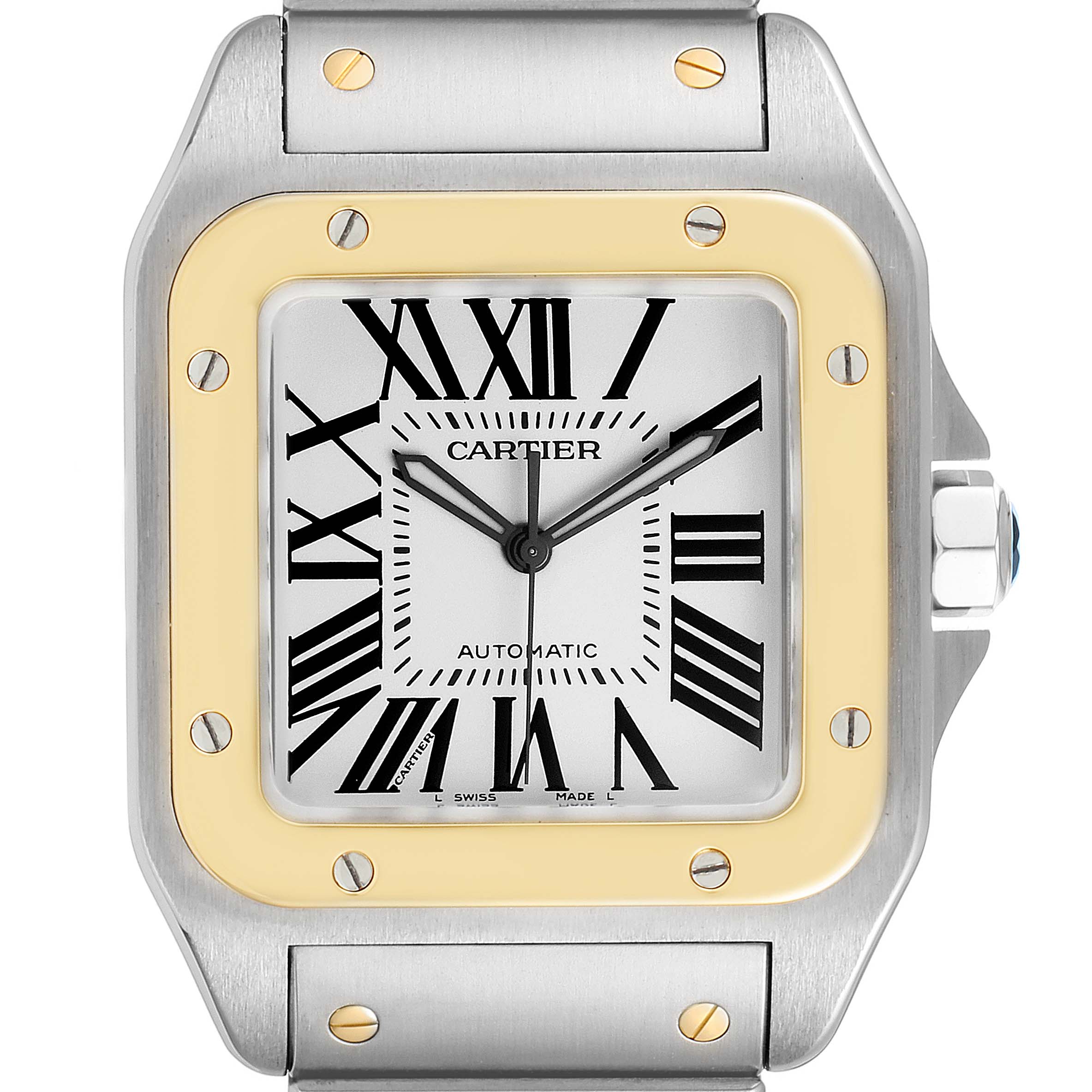 The image shows a frontal view of the Cartier Santos W200728G  Men's Steel and Gold (two tone) Silver Dial W200728G  Men's Steel and Gold (two tone) Silver Dial watch, highlighting its dial, bezel, and part of the bracelet.