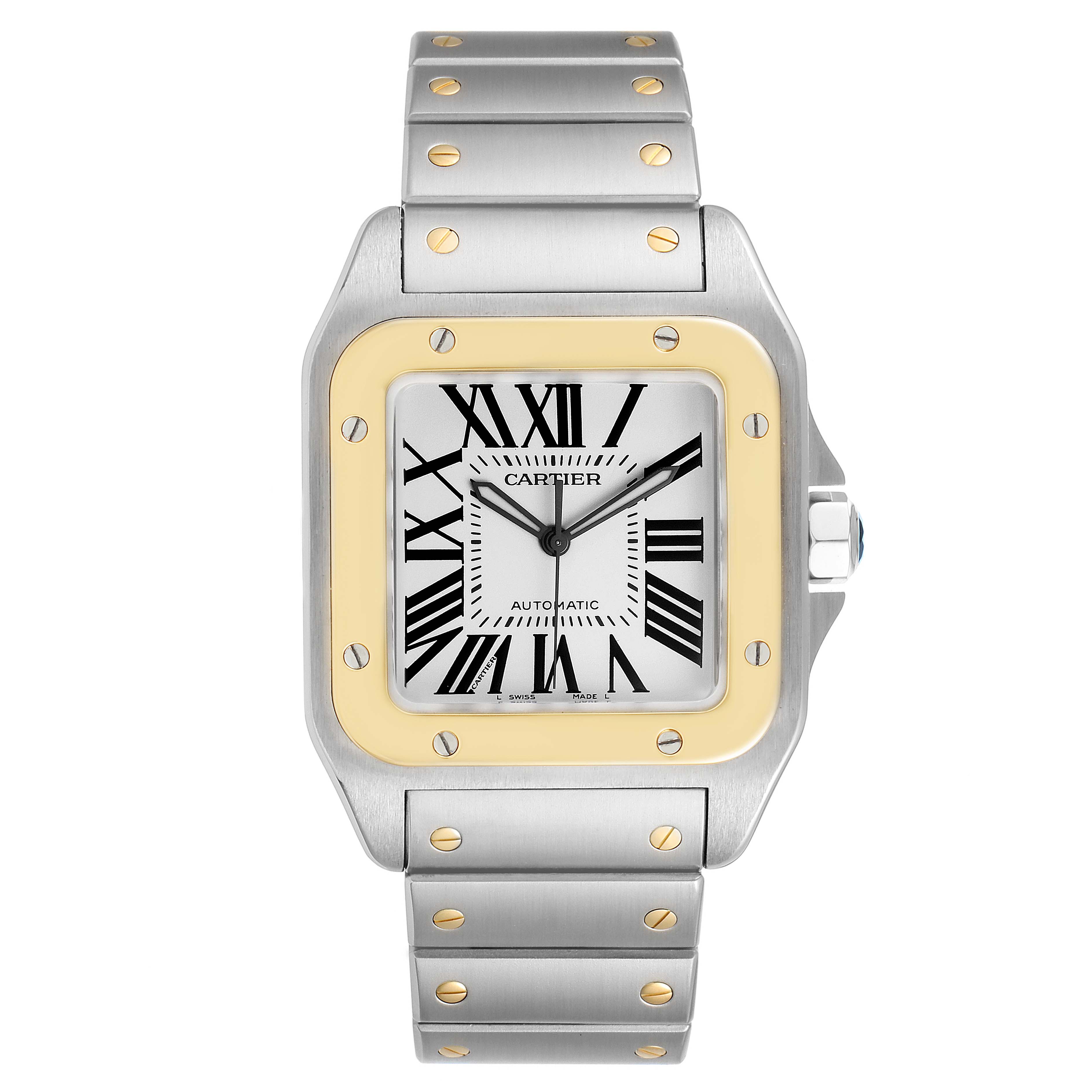 This image shows a front view of the Cartier Santos W200728G  Men's Steel and Gold (two tone) Silver Dial W200728G  Men's Steel and Gold (two tone) Silver Dial watch, highlighting its dial, bezel, and strap.