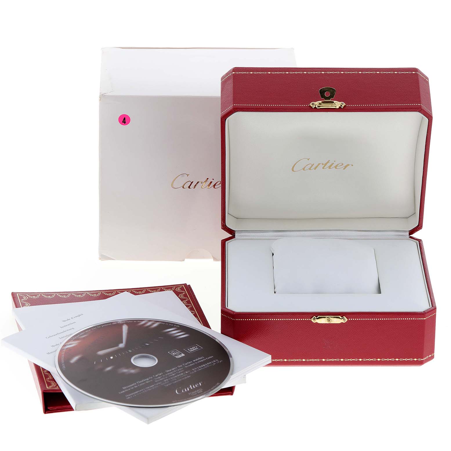 The image shows an open red Cartier Santos W200728G  Men's Steel and Gold (two tone) Silver Dial W200728G  Men's Steel and Gold (two tone) Silver Dial watch box with documents and a CD, alongside an outer white box.