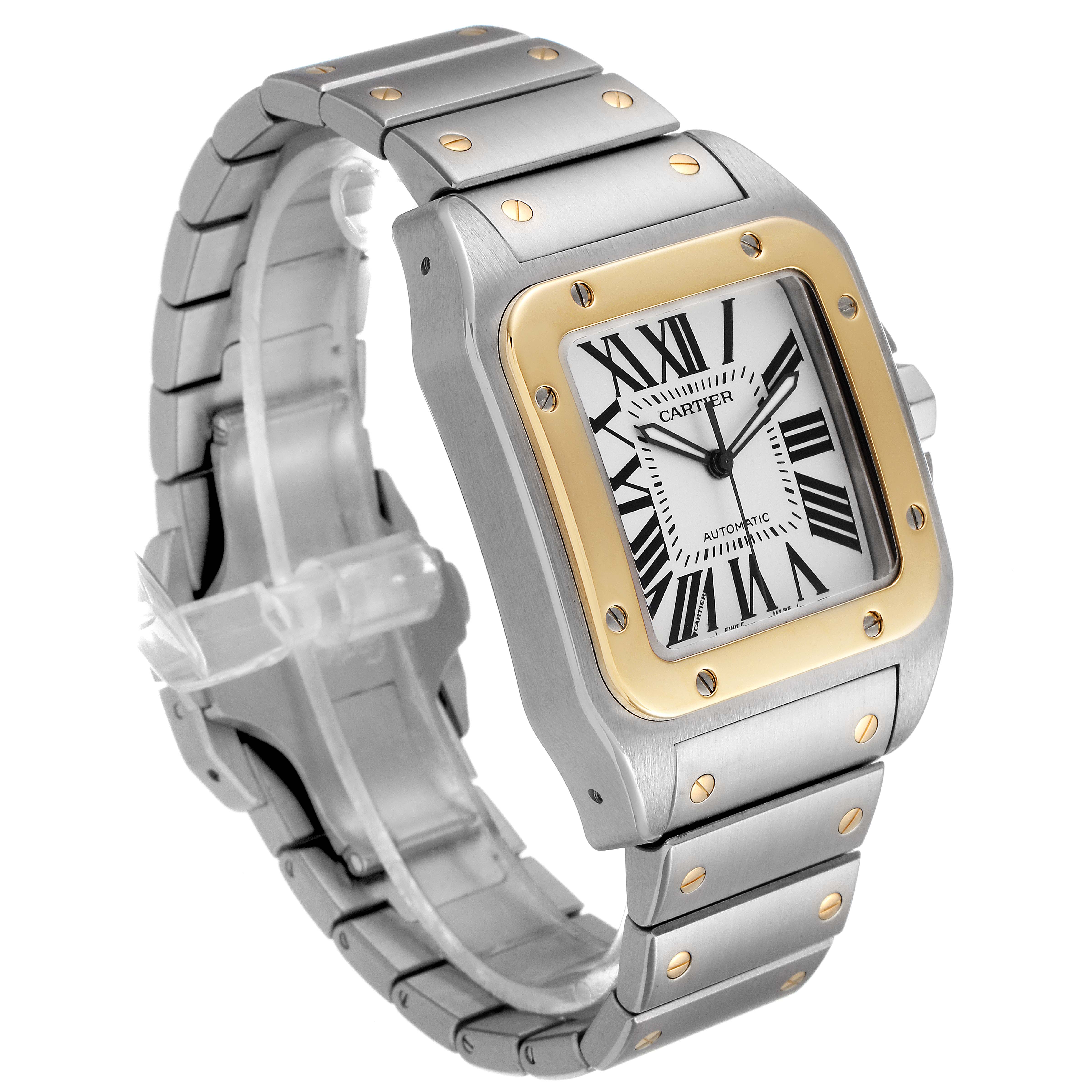 The image shows a close-up, three-quarter view of a Cartier Santos W200728G  Men's Steel and Gold (two tone) Silver Dial W200728G  Men's Steel and Gold (two tone) Silver Dial watch, highlighting the bezel, face, and metal bracelet with screws.