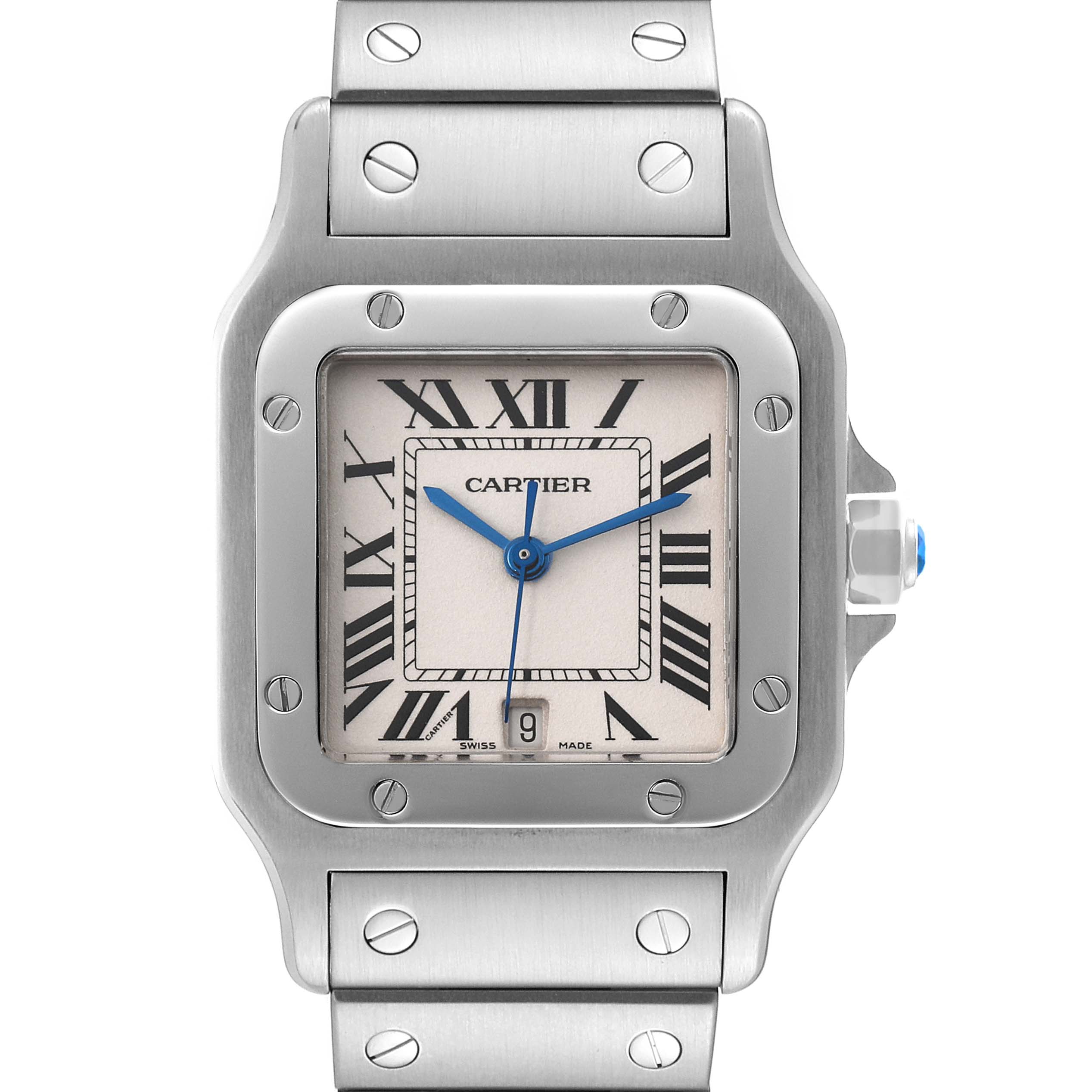 The image shows a front view of the Cartier Santos W20060D6 Men
s Stainless Steel Silver Dial W20060D6 Men
s Stainless Steel Silver Dial watch, displaying its square dial, Roman numerals, and stainless steel bracelet.