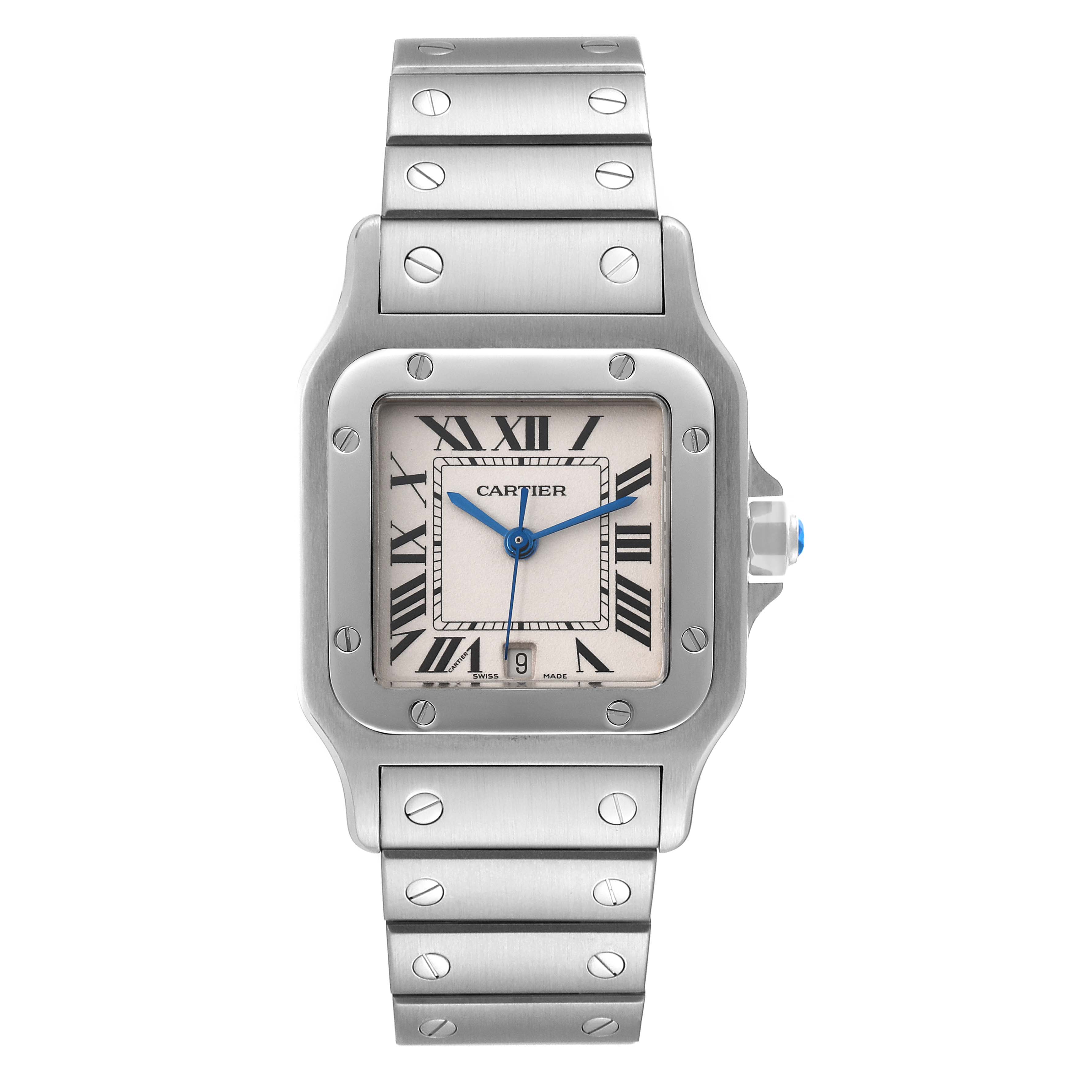 The image shows a Cartier Santos W20060D6 Men
s Stainless Steel Silver Dial W20060D6 Men
s Stainless Steel Silver Dial watch from a front angle, highlighting the face, bezel, and bracelet.