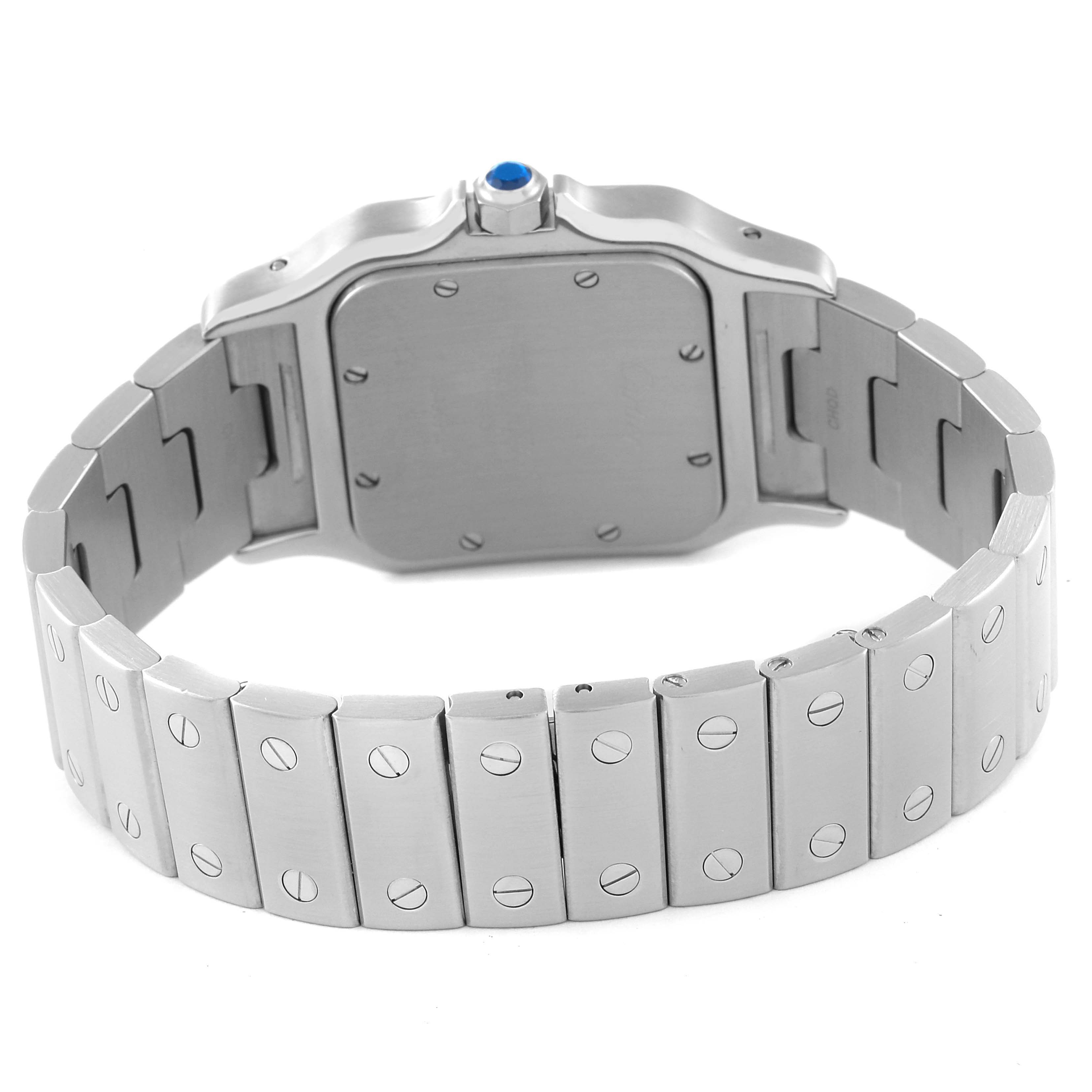 This image shows the back case and bracelet of a Santos model by Cartier, viewed from a slightly angled rear perspective.