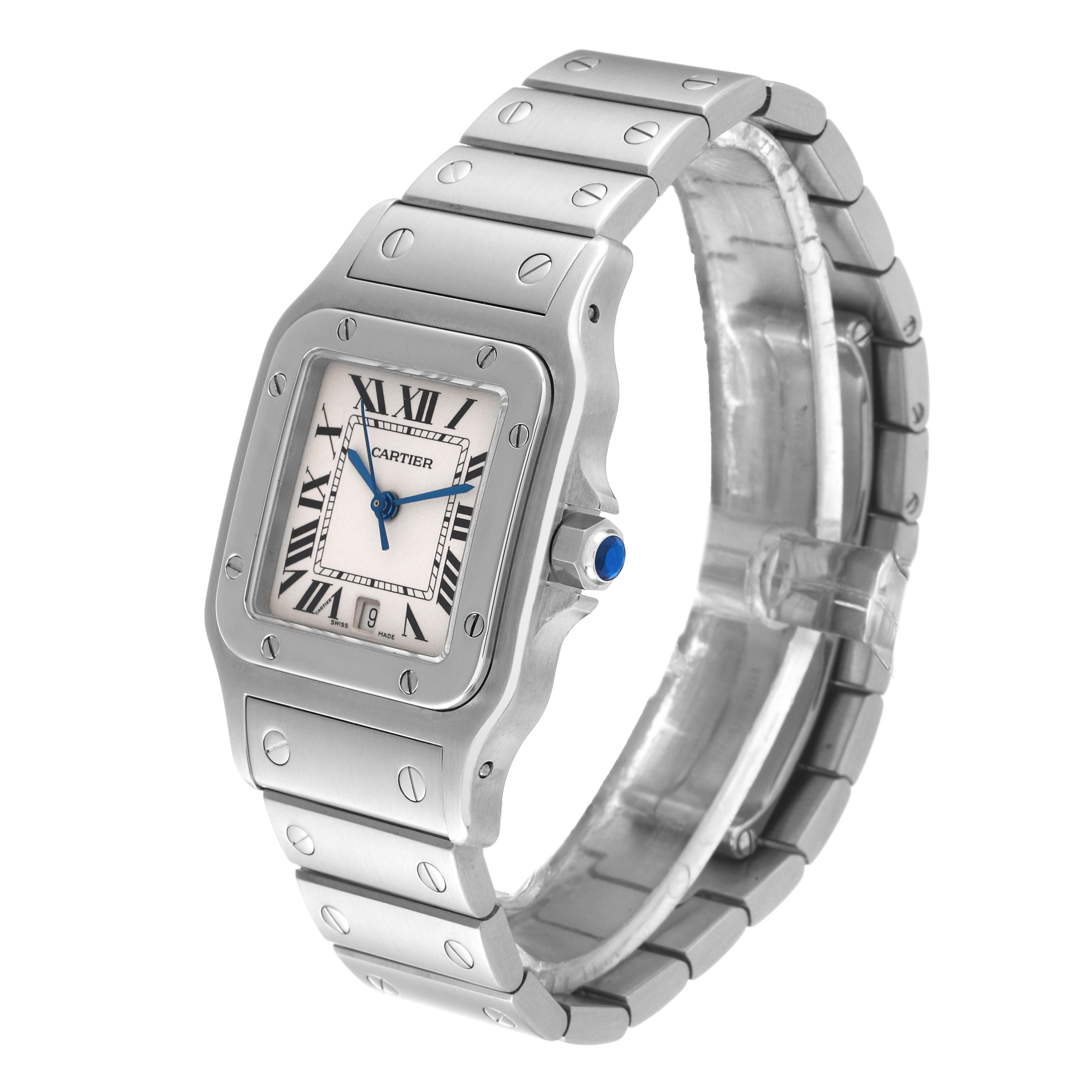 The Cartier Santos W20060D6 Men
s Stainless Steel Silver Dial W20060D6 Men
s Stainless Steel Silver Dial model watch is shown at a side angle, displaying its face, bezel, and bracelet.
