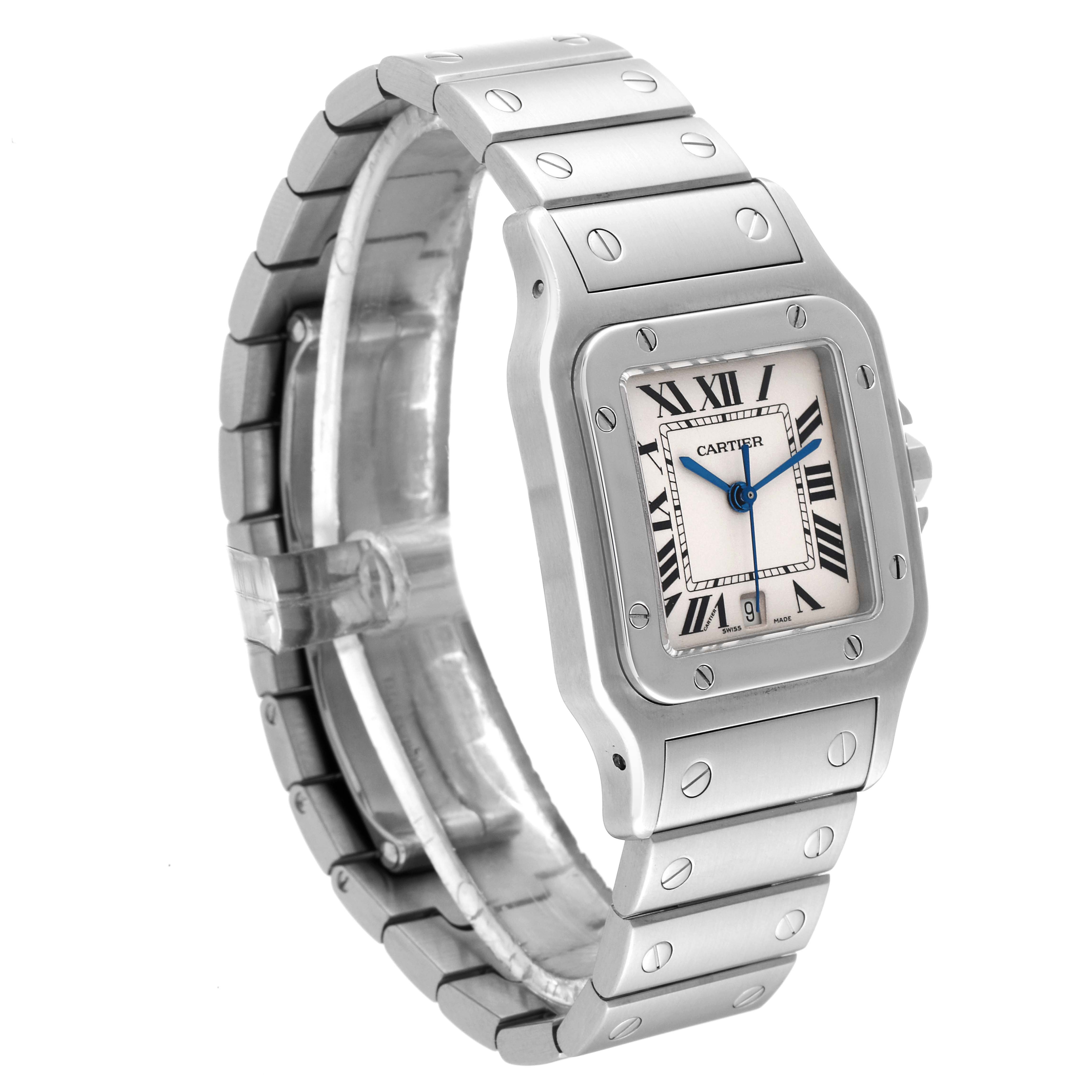 The Cartier Santos W20060D6 Men
s Stainless Steel Silver Dial W20060D6 Men
s Stainless Steel Silver Dial watch is shown at a three-quarter angle, highlighting its face, case, and bracelet.