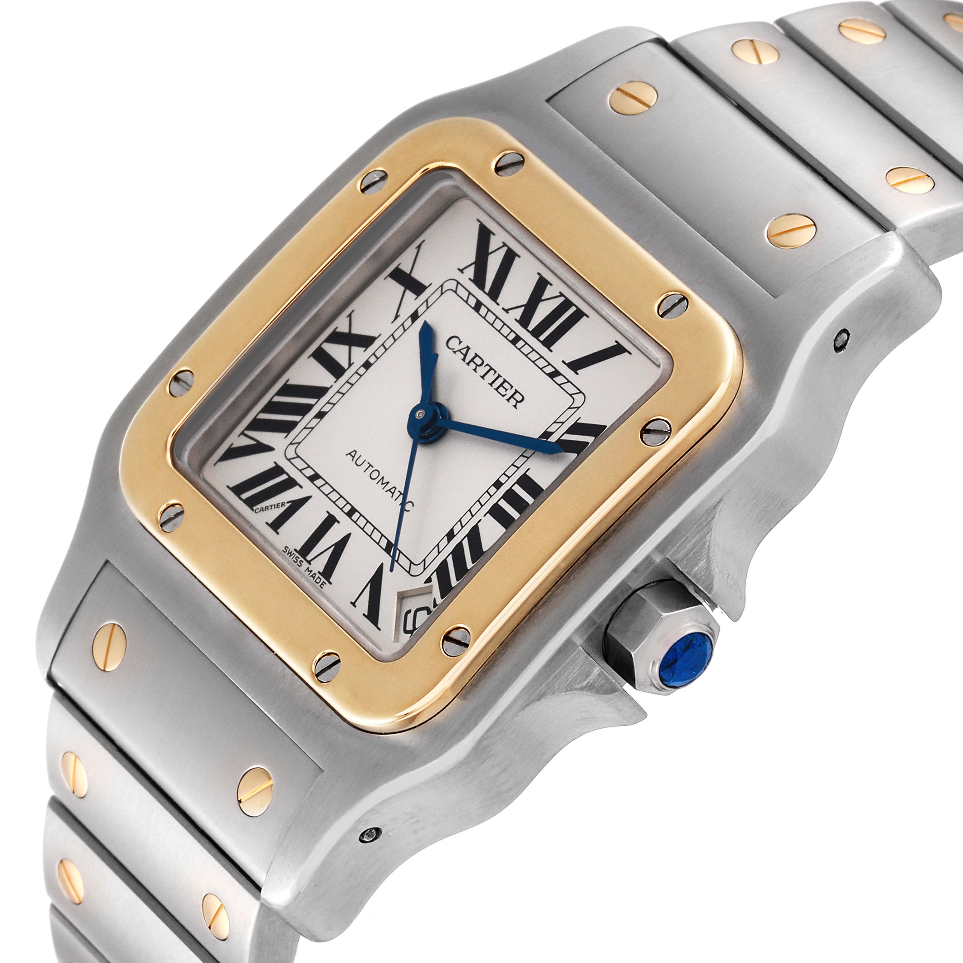 This image shows a close-up of the face and part of the bracelet of a Cartier Santos W20099C4 Men
s Steel and Gold (two tone) Silver Dial W20099C4 Men
s Steel and Gold (two tone) Silver Dial watch.