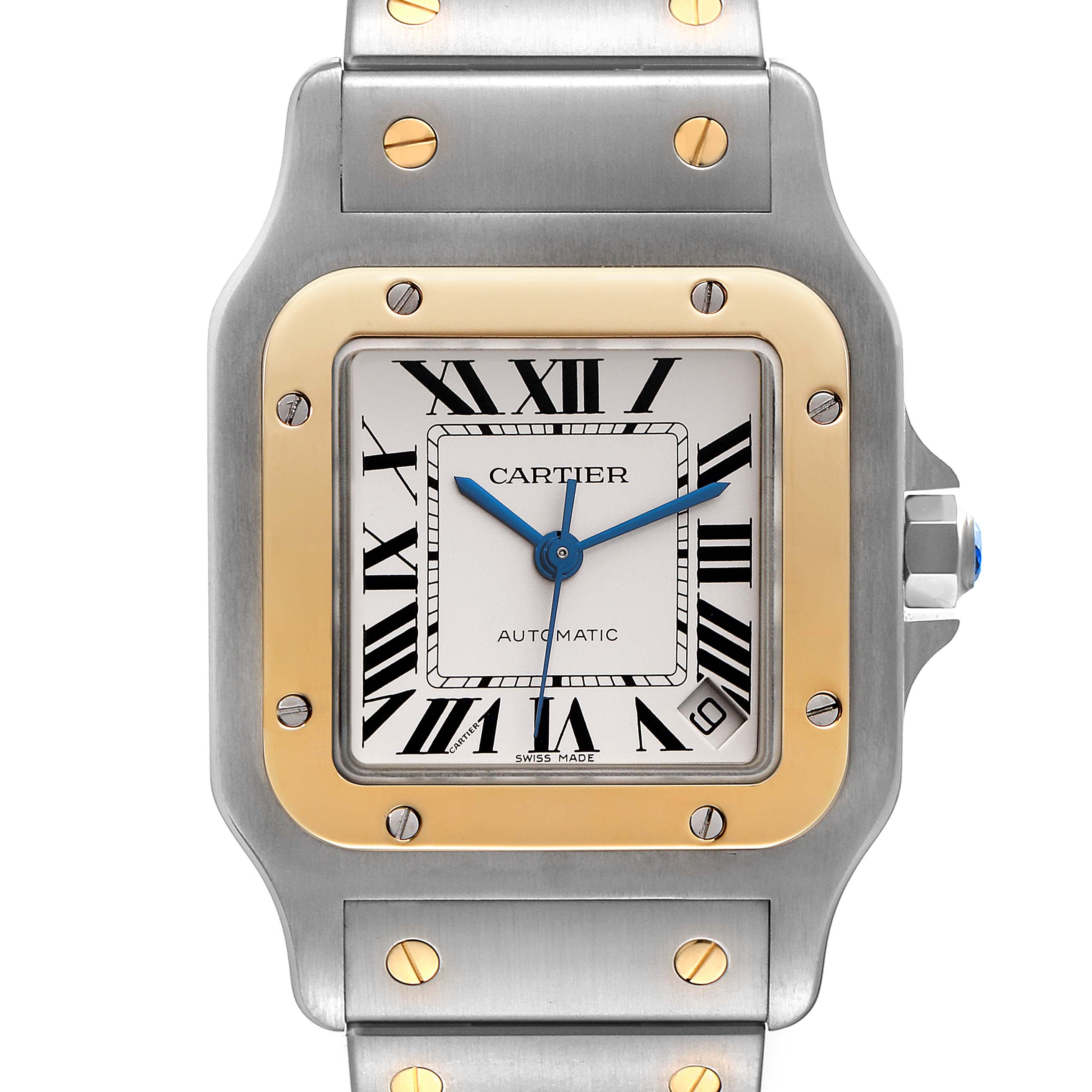 The Cartier Santos W20099C4 Men
s Steel and Gold (two tone) Silver Dial W20099C4 Men
s Steel and Gold (two tone) Silver Dial watch is shown from a front angle, highlighting the dial, hands, screws, and part of the bracelet.