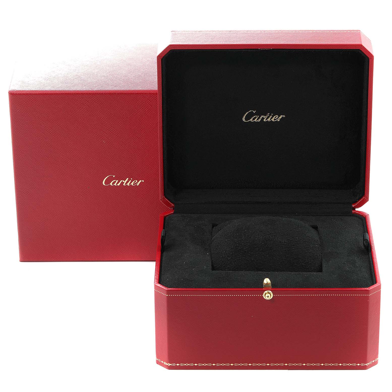 The image shows the open and closed boxes for the Cartier Santos W20099C4 Men
s Steel and Gold (two tone) Silver Dial W20099C4 Men
s Steel and Gold (two tone) Silver Dial watch.