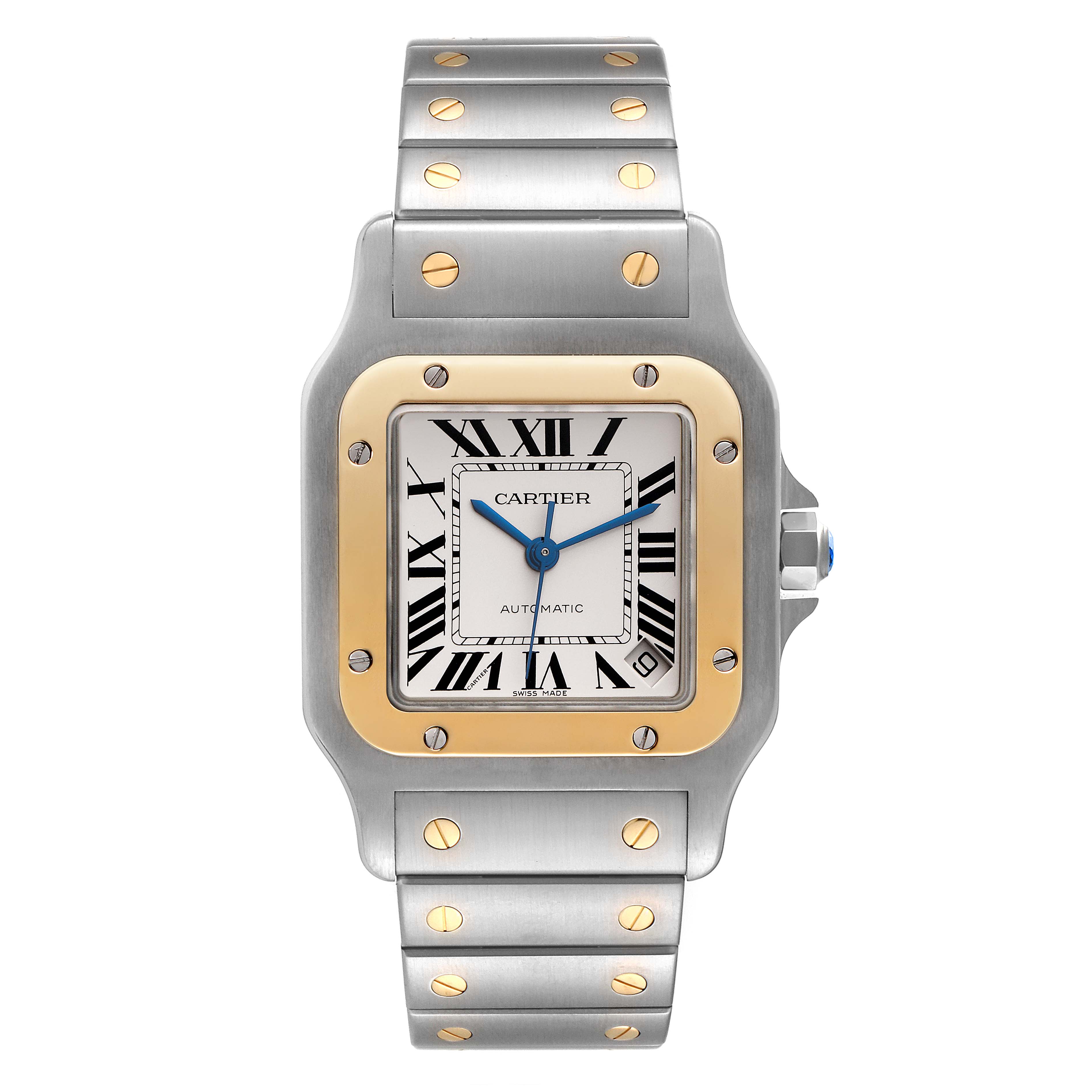 The image shows a front view of the Cartier Santos W20099C4 Men
s Steel and Gold (two tone) Silver Dial W20099C4 Men
s Steel and Gold (two tone) Silver Dial watch, showcasing the face, bezel, and bracelet.
