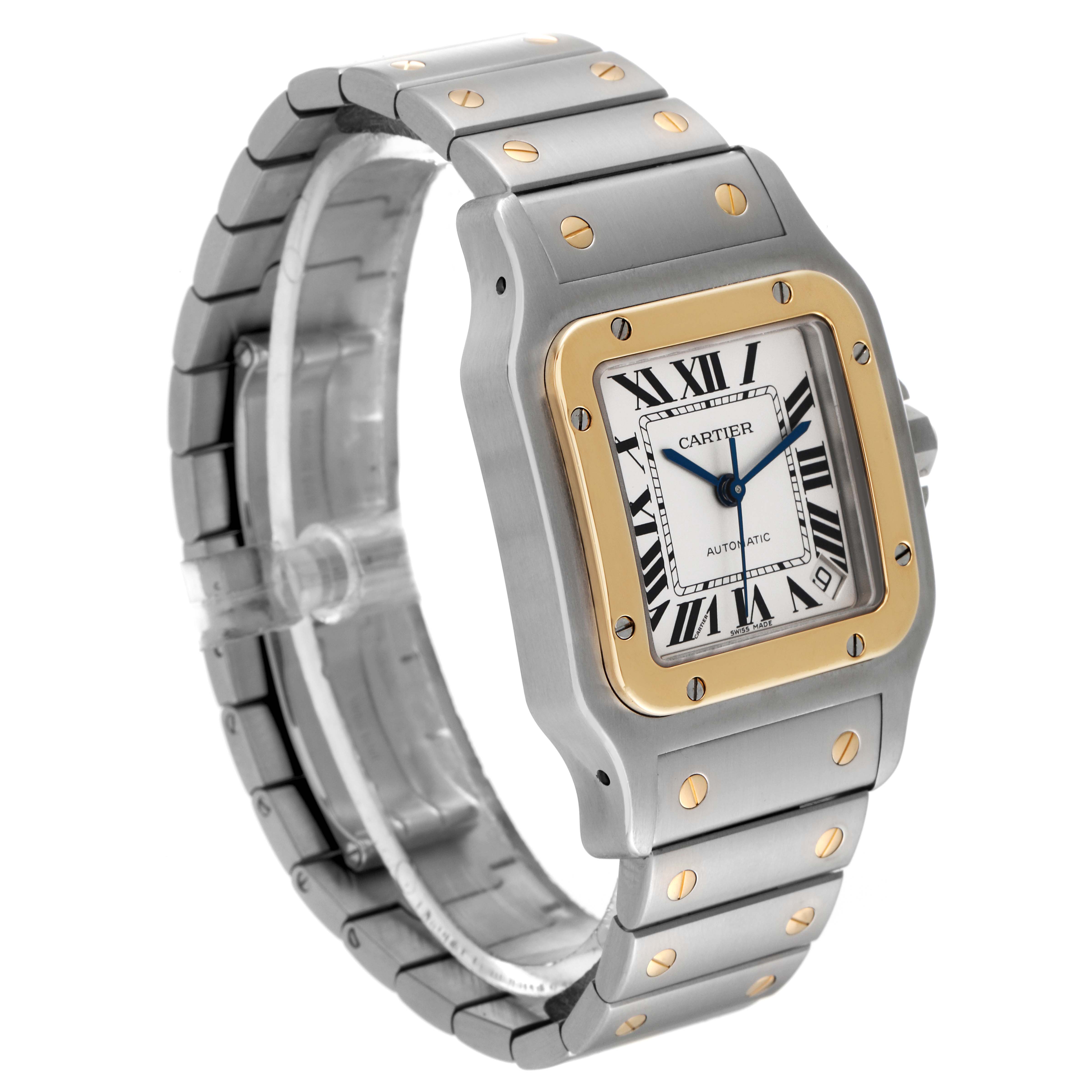 The image shows a Cartier Santos W20099C4 Men
s Steel and Gold (two tone) Silver Dial W20099C4 Men
s Steel and Gold (two tone) Silver Dial watch at an angled view, showcasing its silver and gold case, bracelet, and Roman numeral dial.