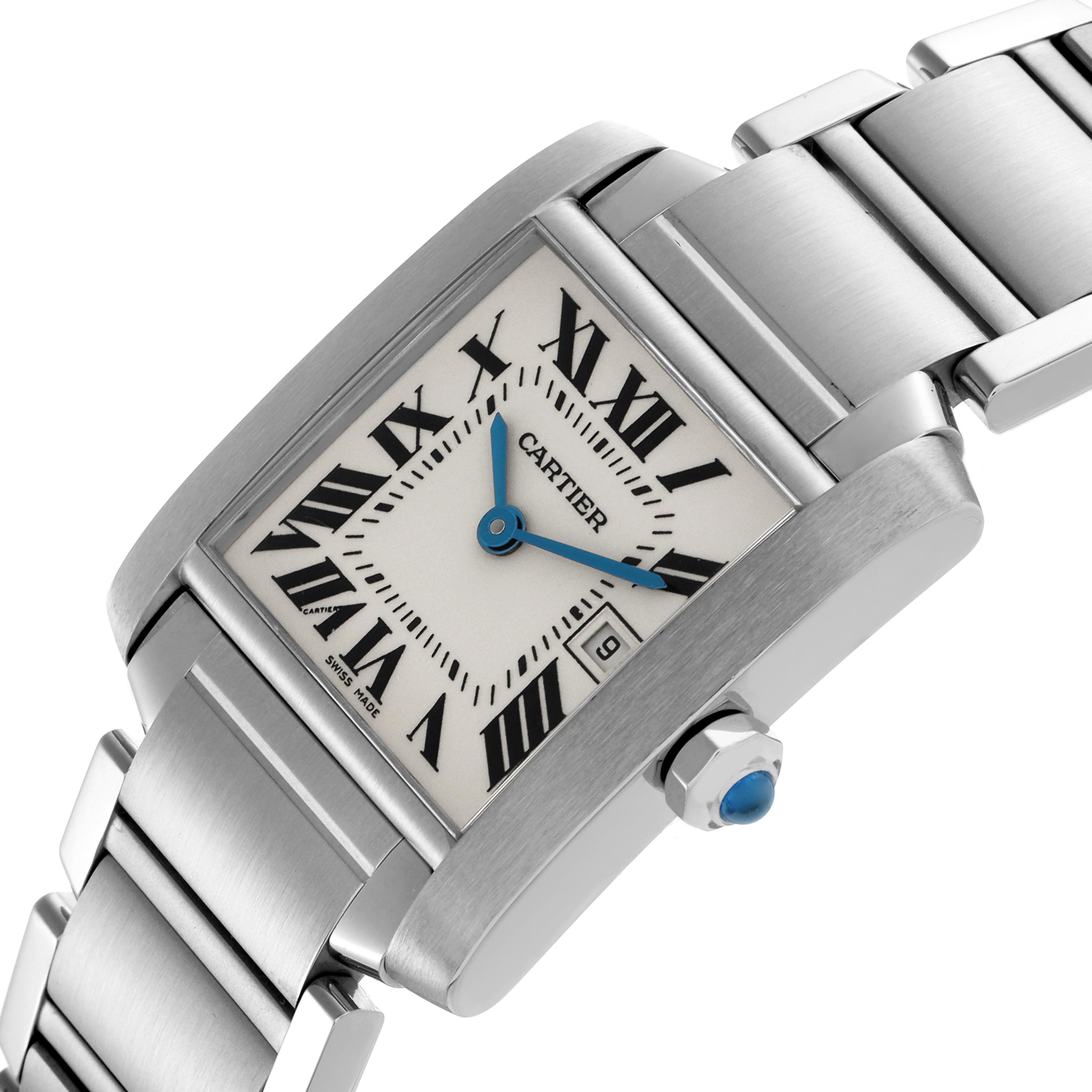 The Cartier Tank Française watch is shown at an angled view highlighting the dial, Roman numerals, blue hands, and metal bracelet.
