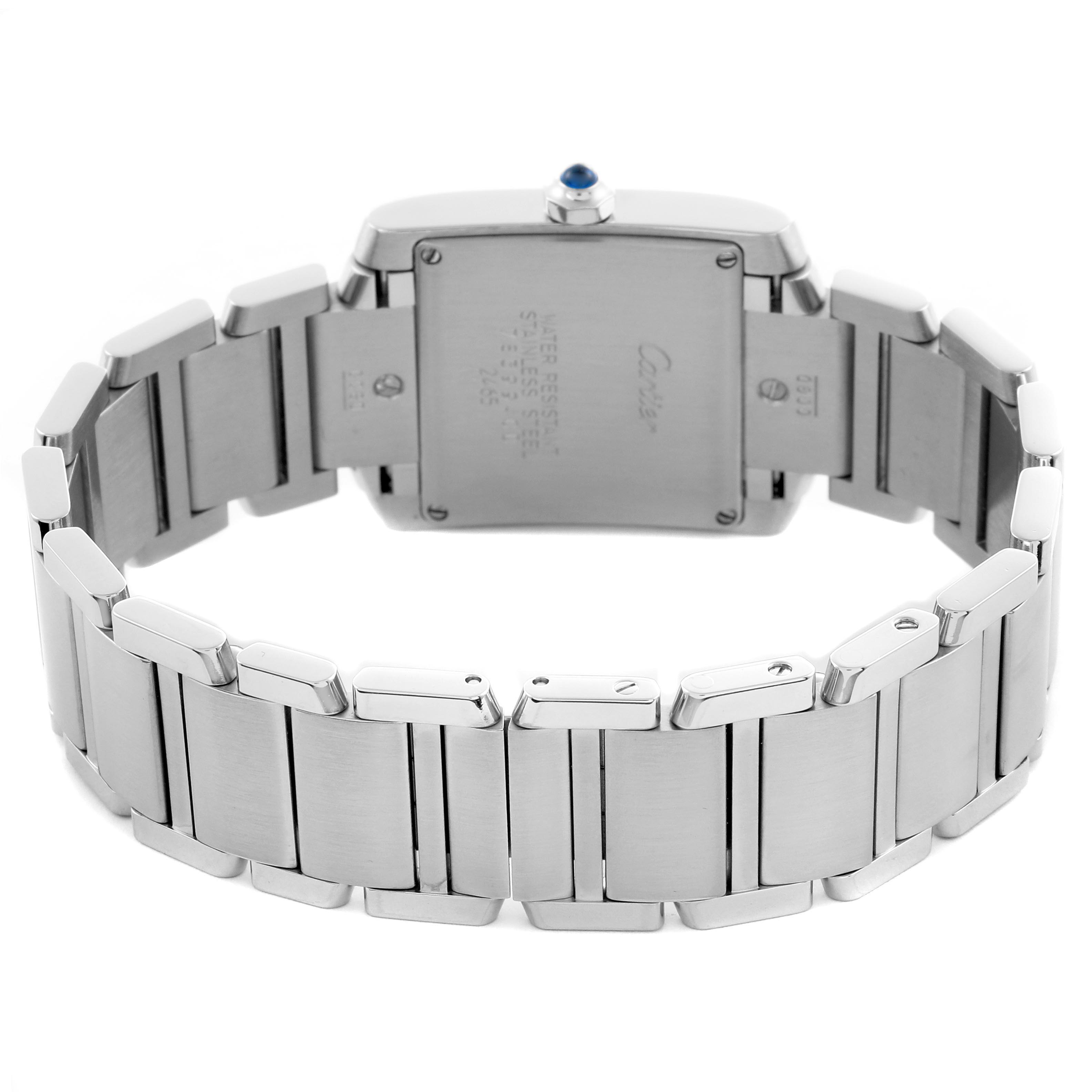 The image shows the back view of the Cartier Tank Francaise W51011Q3 Women's Stainless Steel Silver Dial W51011Q3 Women's Stainless Steel Silver Dial model, highlighting the case back and stainless steel bracelet.