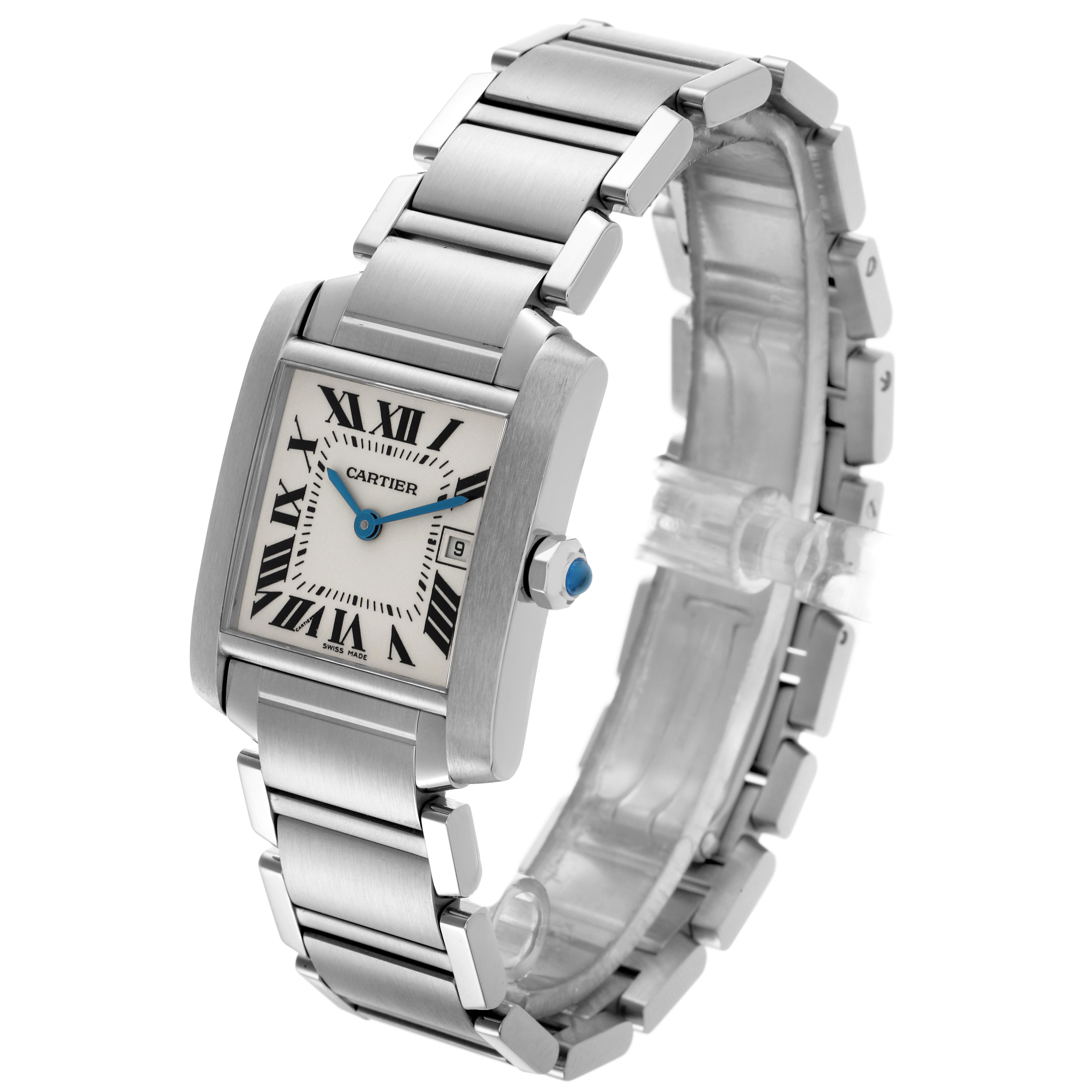 The Cartier Tank Francaise W51011Q3 Women's Stainless Steel Silver Dial W51011Q3 Women's Stainless Steel Silver Dial watch is shown at a three-quarter angle, highlighting its face, links, and crown.