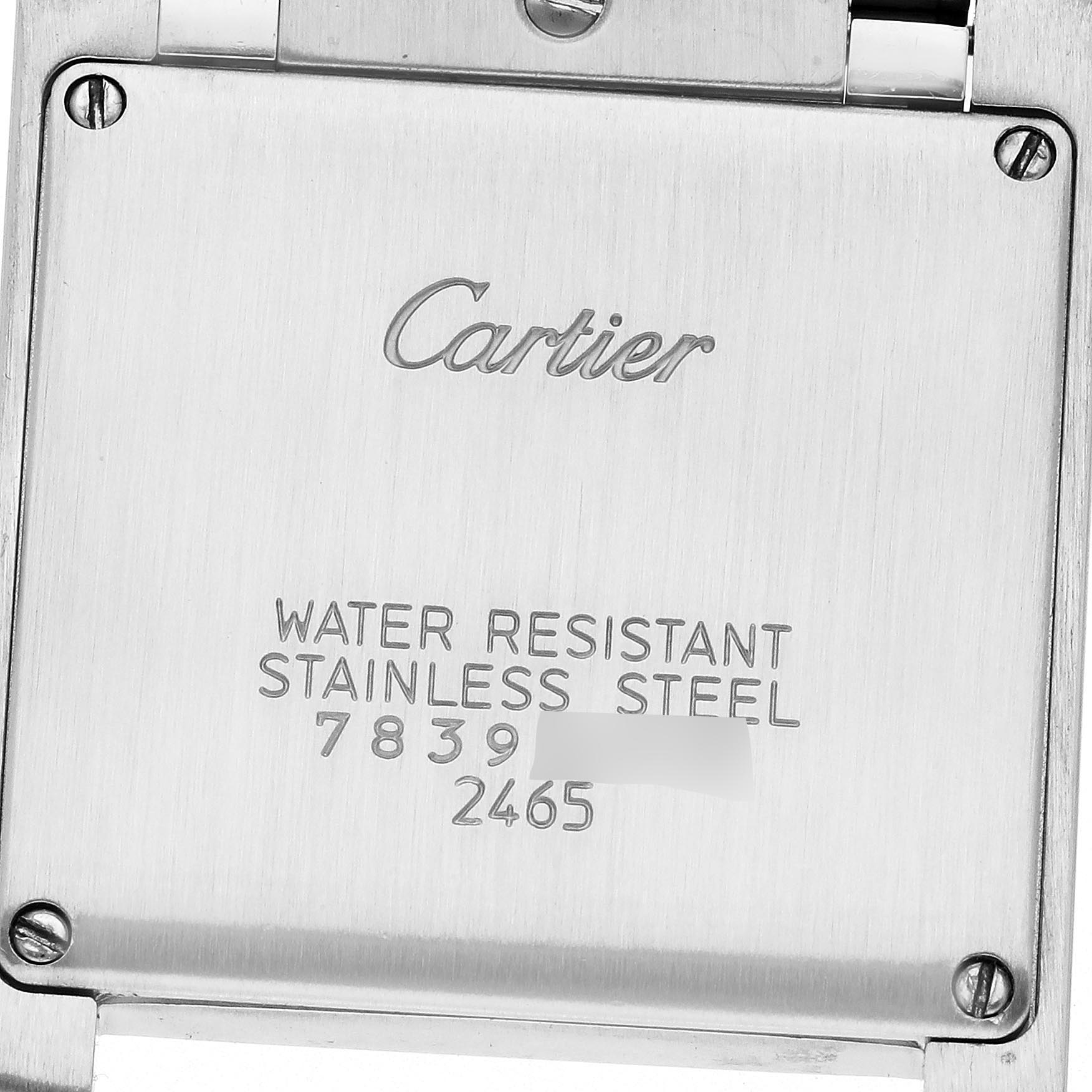 The image shows the back casing of a Cartier Tank Française watch, highlighting the brand name and water resistance details.