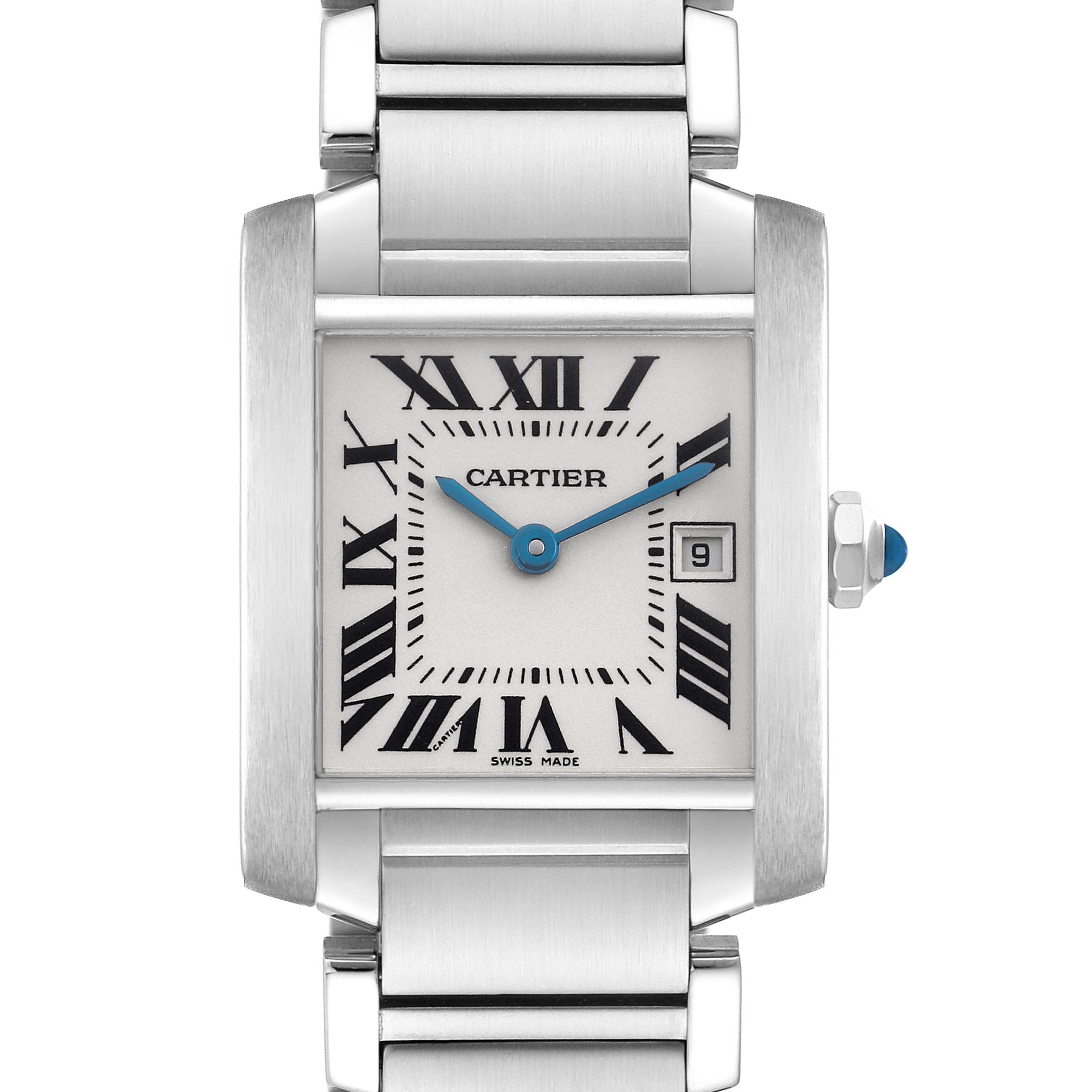 The Cartier Tank Française watch is shown from a front angle, displaying the dial, Roman numerals, date window, and part of the bracelet.