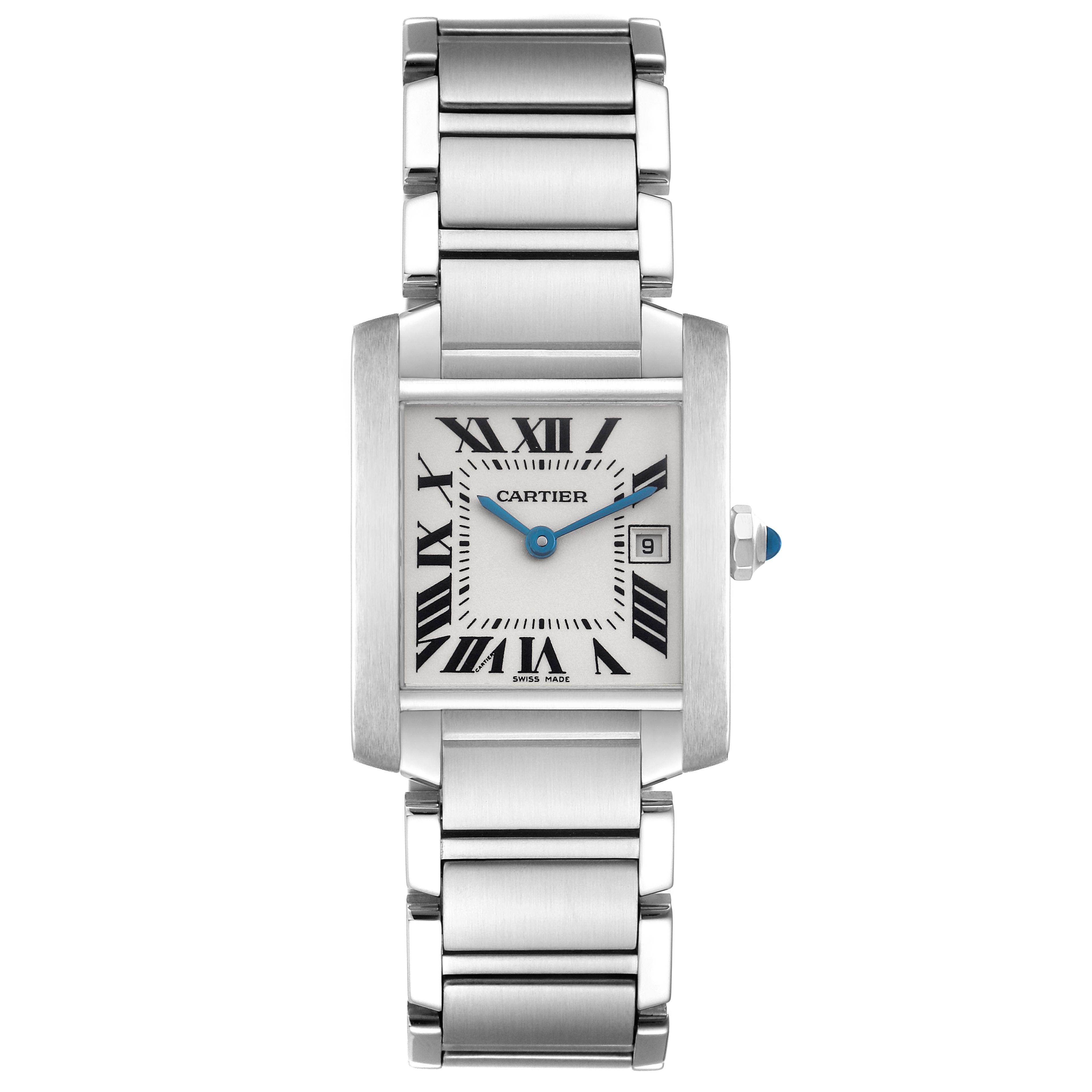 The image displays a Cartier Tank Francaise W51011Q3 Women's Stainless Steel Silver Dial W51011Q3 Women's Stainless Steel Silver Dial watch from a top-down view, highlighting the face, Roman numerals, and metal bracelet.
