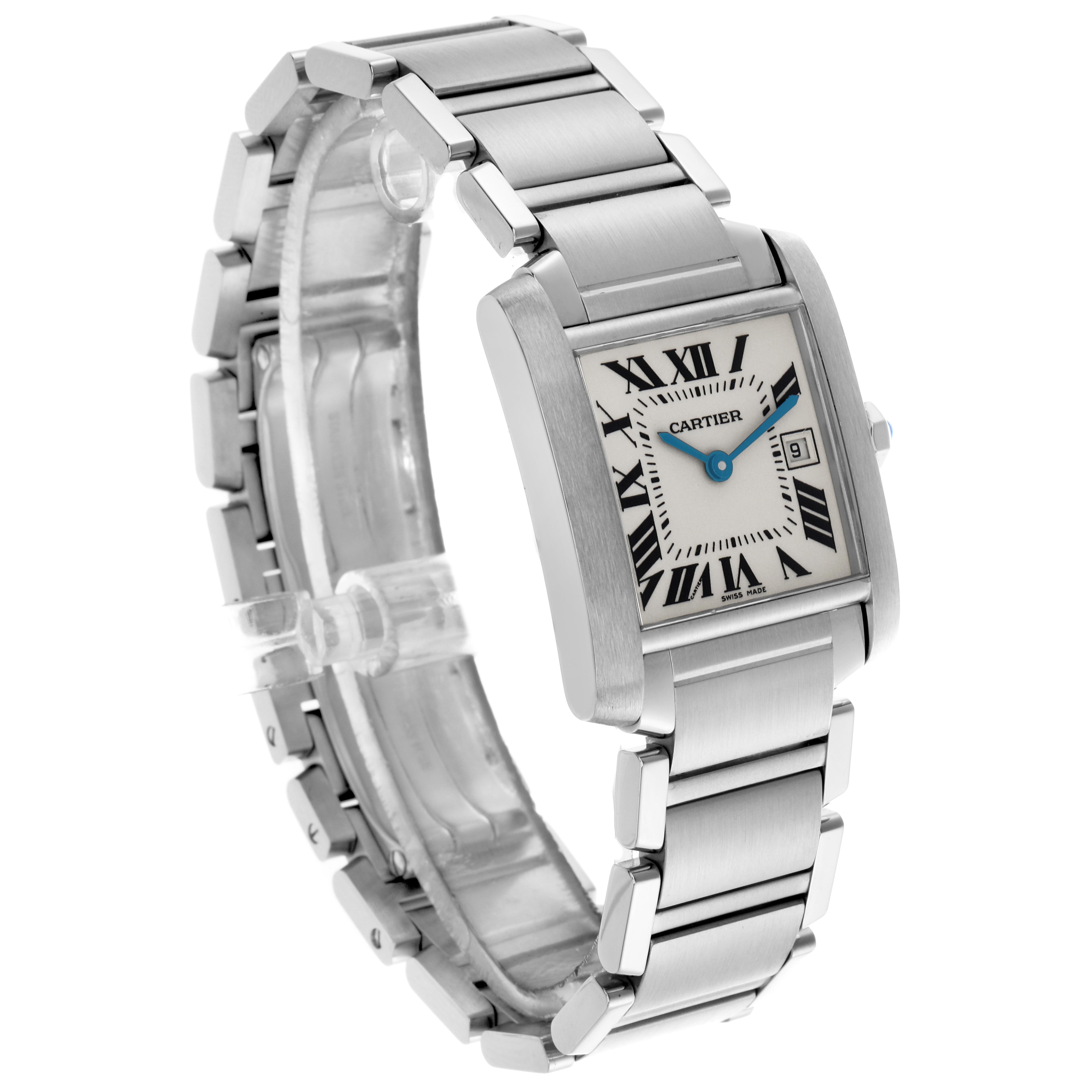 The Cartier Tank Française watch is shown at a three-quarter angle, highlighting its rectangular face, bracelet, and Roman numeral dial.