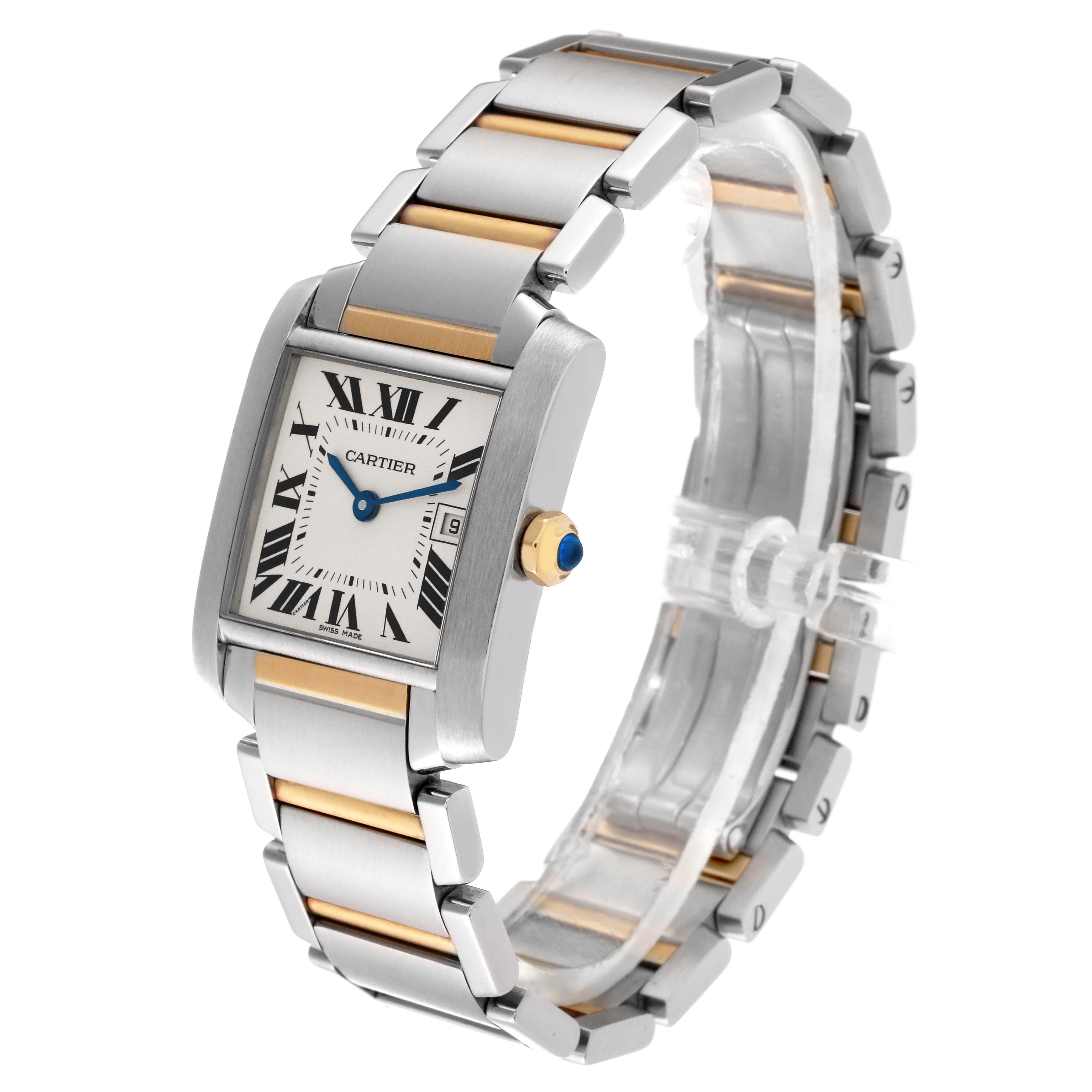 The image shows a Cartier Tank Francaise W51012Q4 Women
s Steel and Gold (two tone) Silver Dial W51012Q4 Women
s Steel and Gold (two tone) Silver Dial watch from an angled side view, displaying its face, band, and crown.