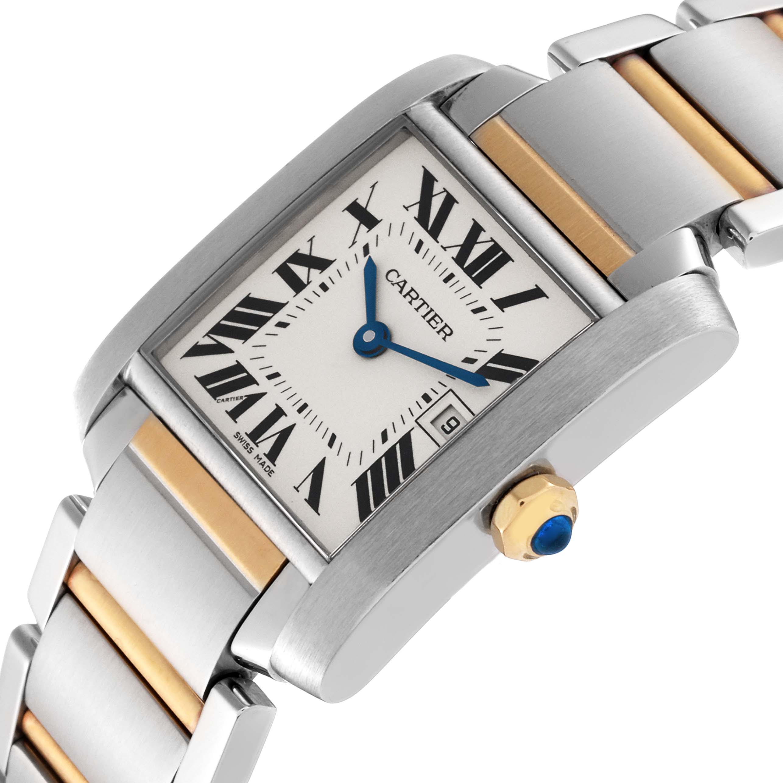 The image shows a Cartier Tank Francaise W51012Q4 Women
s Steel and Gold (two tone) Silver Dial W51012Q4 Women
s Steel and Gold (two tone) Silver Dial watch at an oblique angle, highlighting its face and part of the bracelet.