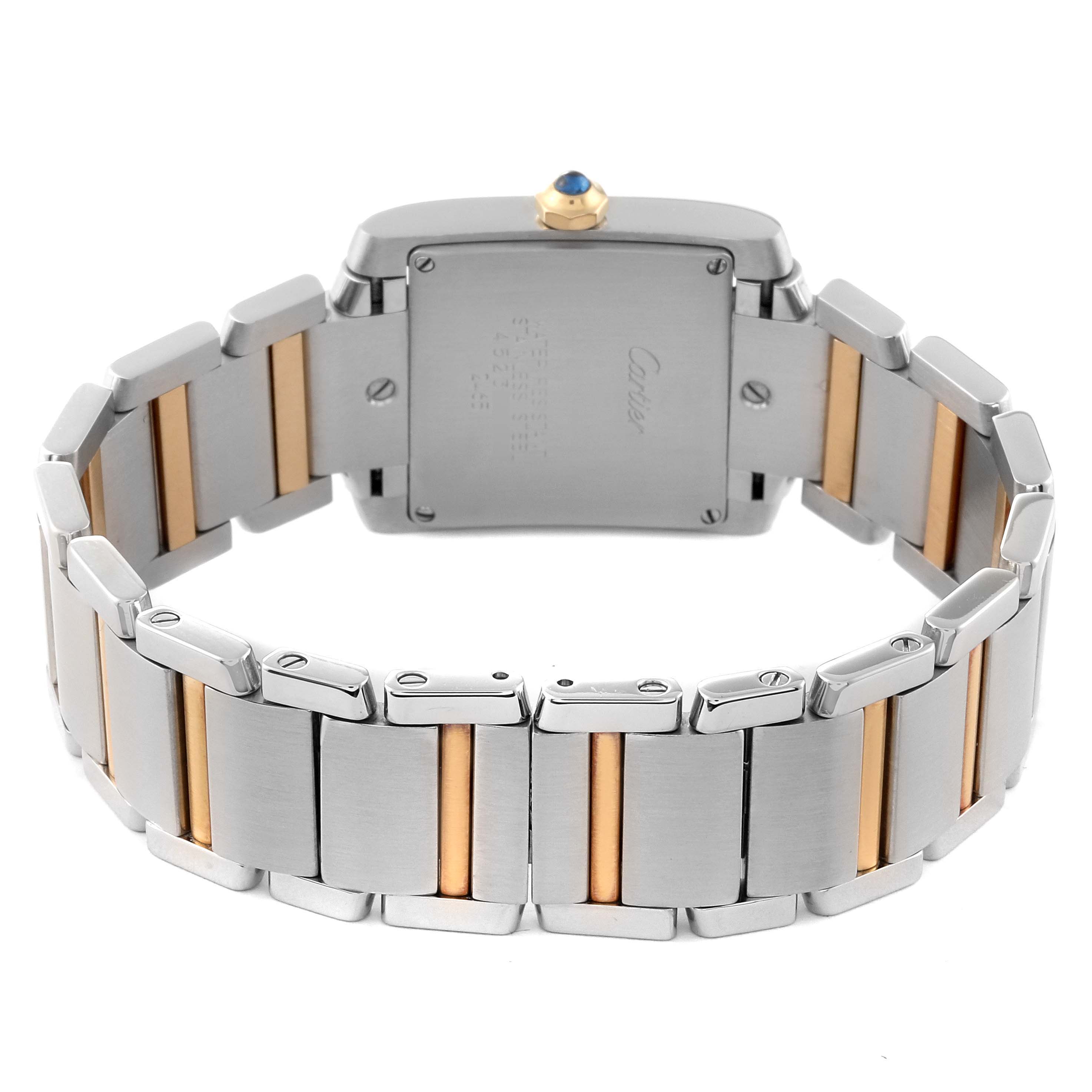 This image shows the back of a Cartier Tank Française watch, focusing on its two-tone metal bracelet and case back.