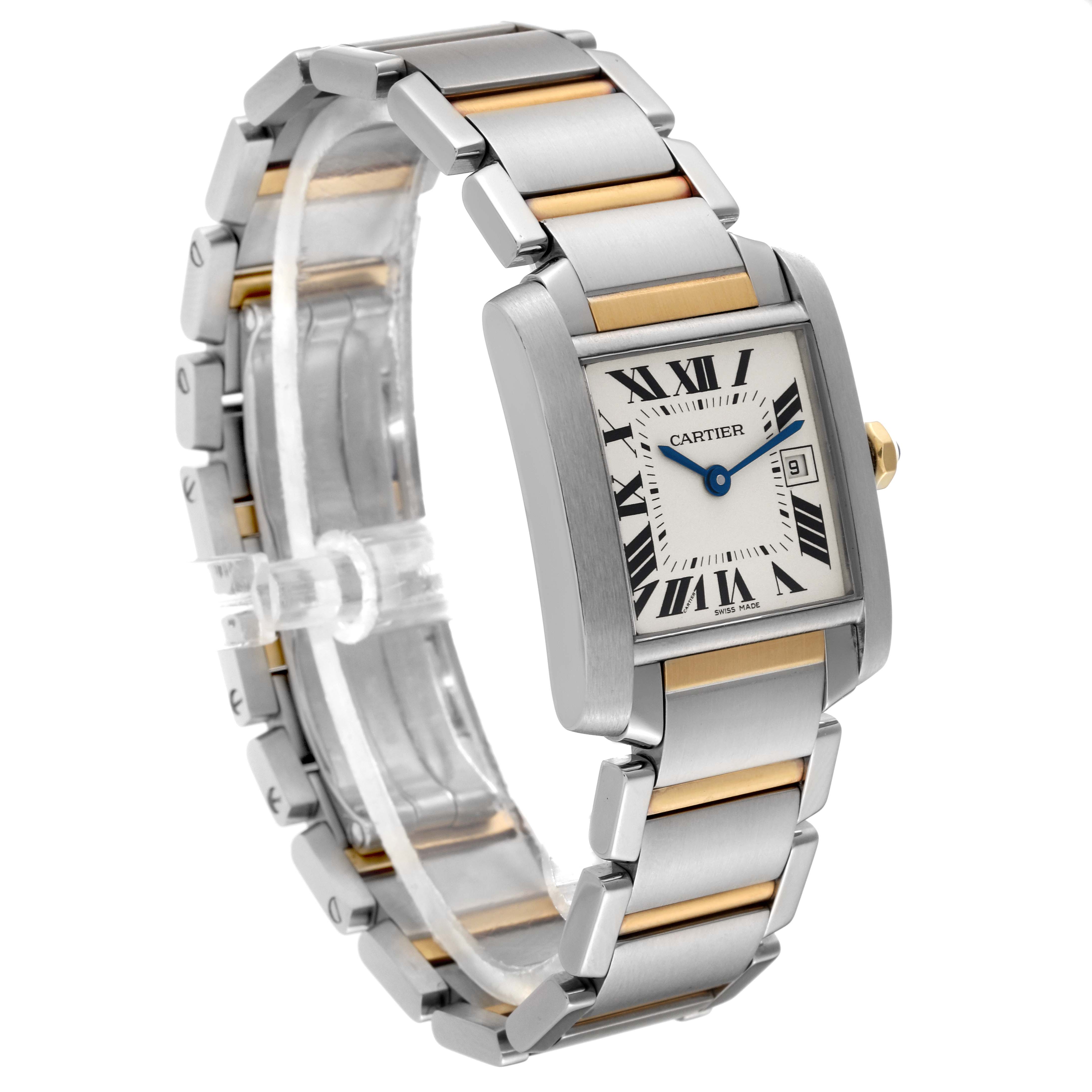 The image shows a Cartier Tank Francaise W51012Q4 Women
s Steel and Gold (two tone) Silver Dial W51012Q4 Women
s Steel and Gold (two tone) Silver Dial watch at a three-quarter angle, displaying its face, bracelet, and side profile.