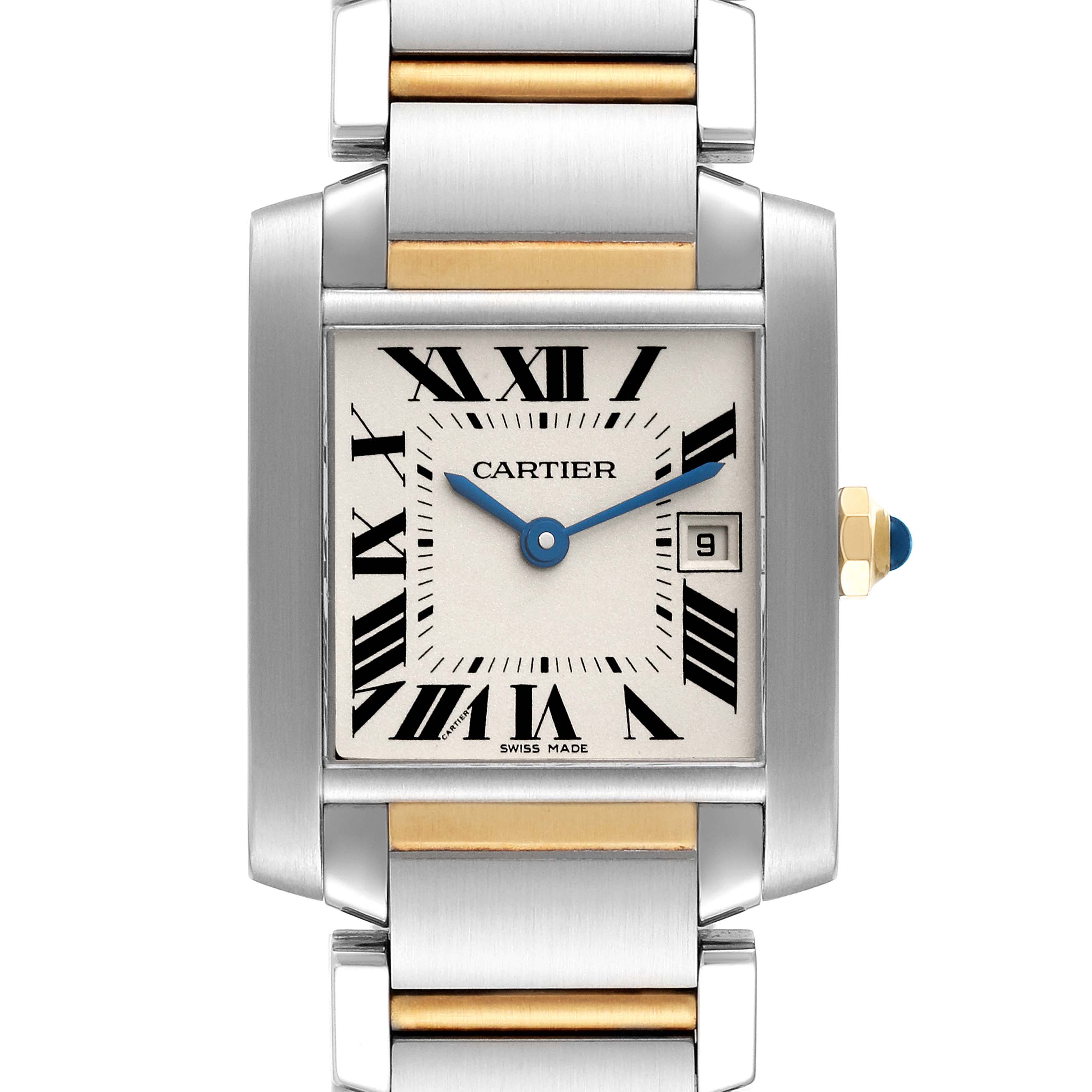 The Tank Francaise by Cartier is shown from a front angle, displaying the face, dial, crown, and part of the bracelet.