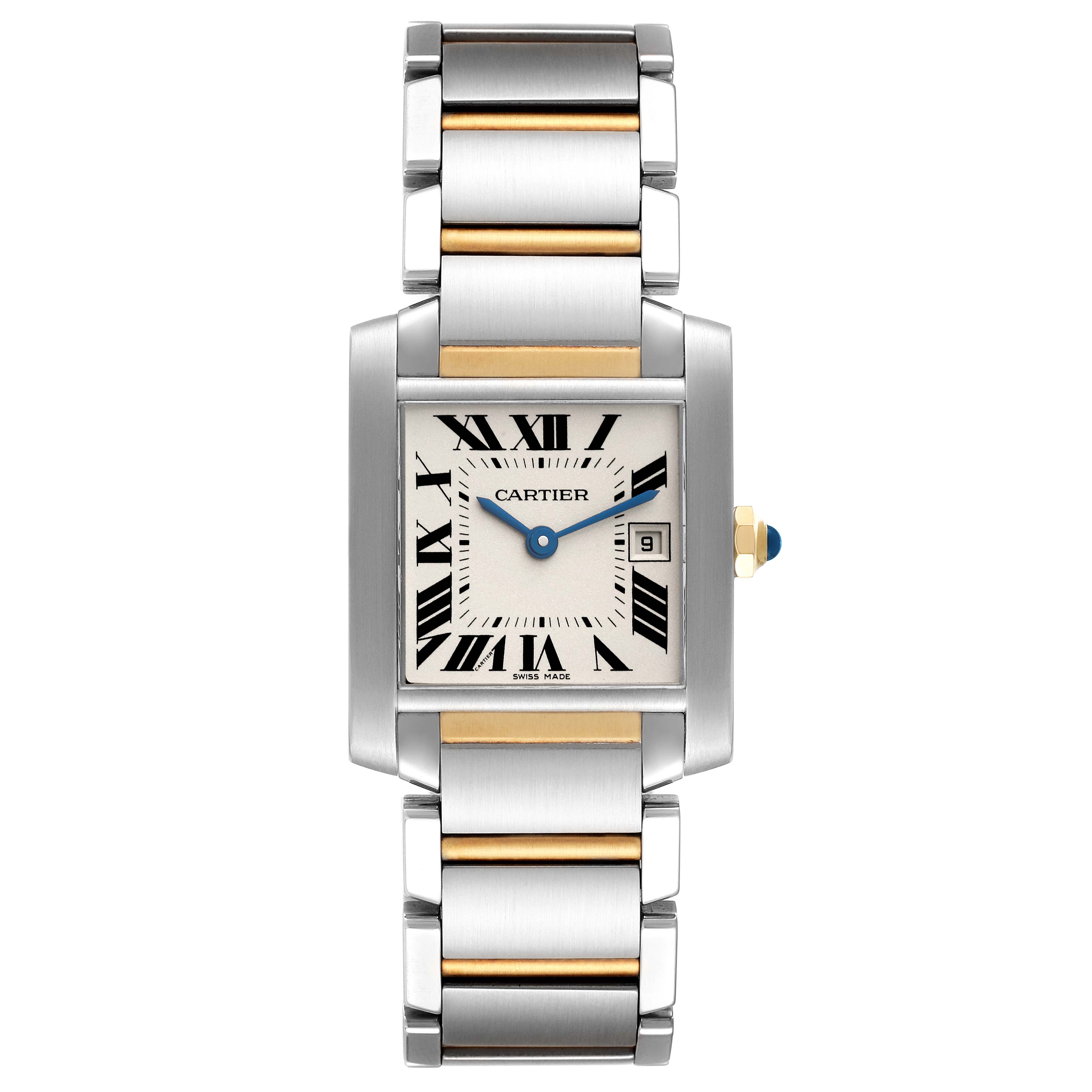 The image shows a frontal view of the Cartier Tank Francaise W51012Q4 Women
s Steel and Gold (two tone) Silver Dial W51012Q4 Women
s Steel and Gold (two tone) Silver Dial watch, highlighting its face, bracelet, and crown.