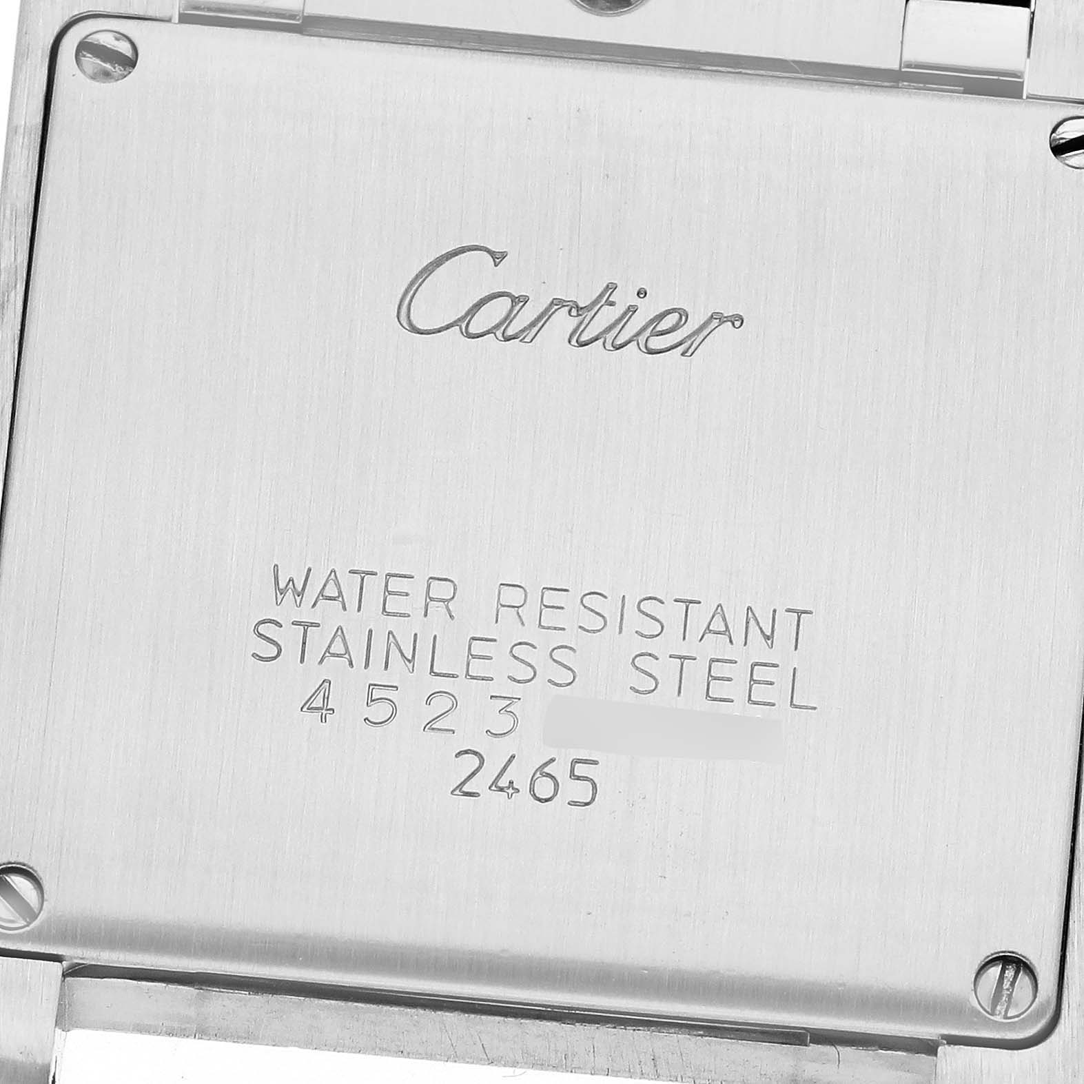 This image shows the back of the Cartier Tank Francaise W51012Q4 Women
s Steel and Gold (two tone) Silver Dial W51012Q4 Women
s Steel and Gold (two tone) Silver Dial watch displaying its brand, model, and material details. 