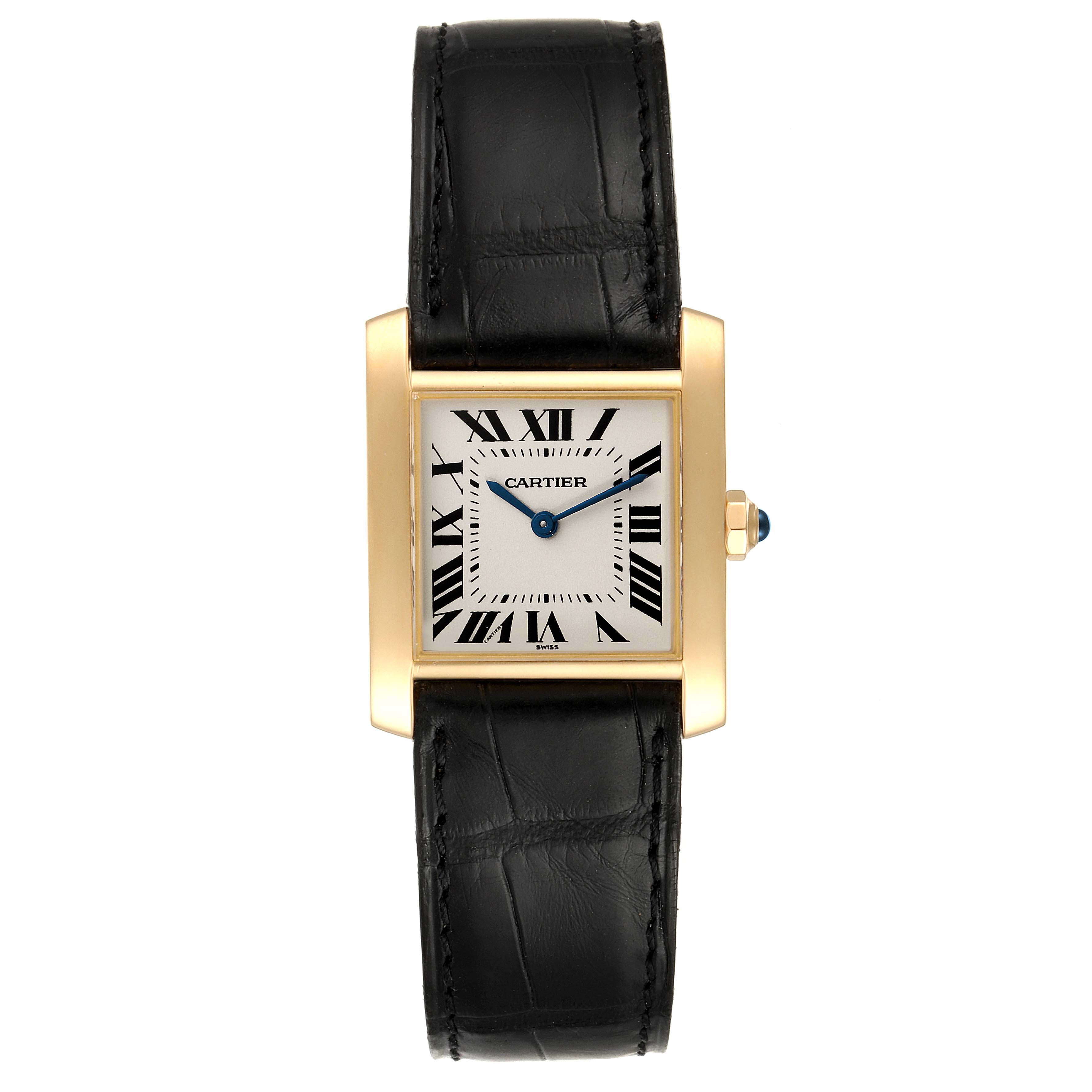 The image shows a Cartier Tank Francaise W5000356 Women's Rose Gold Silver Dial W5000356 Women's Rose Gold Silver Dial watch from the front, highlighting its gold casing, Roman numeral dial, and black leather strap.