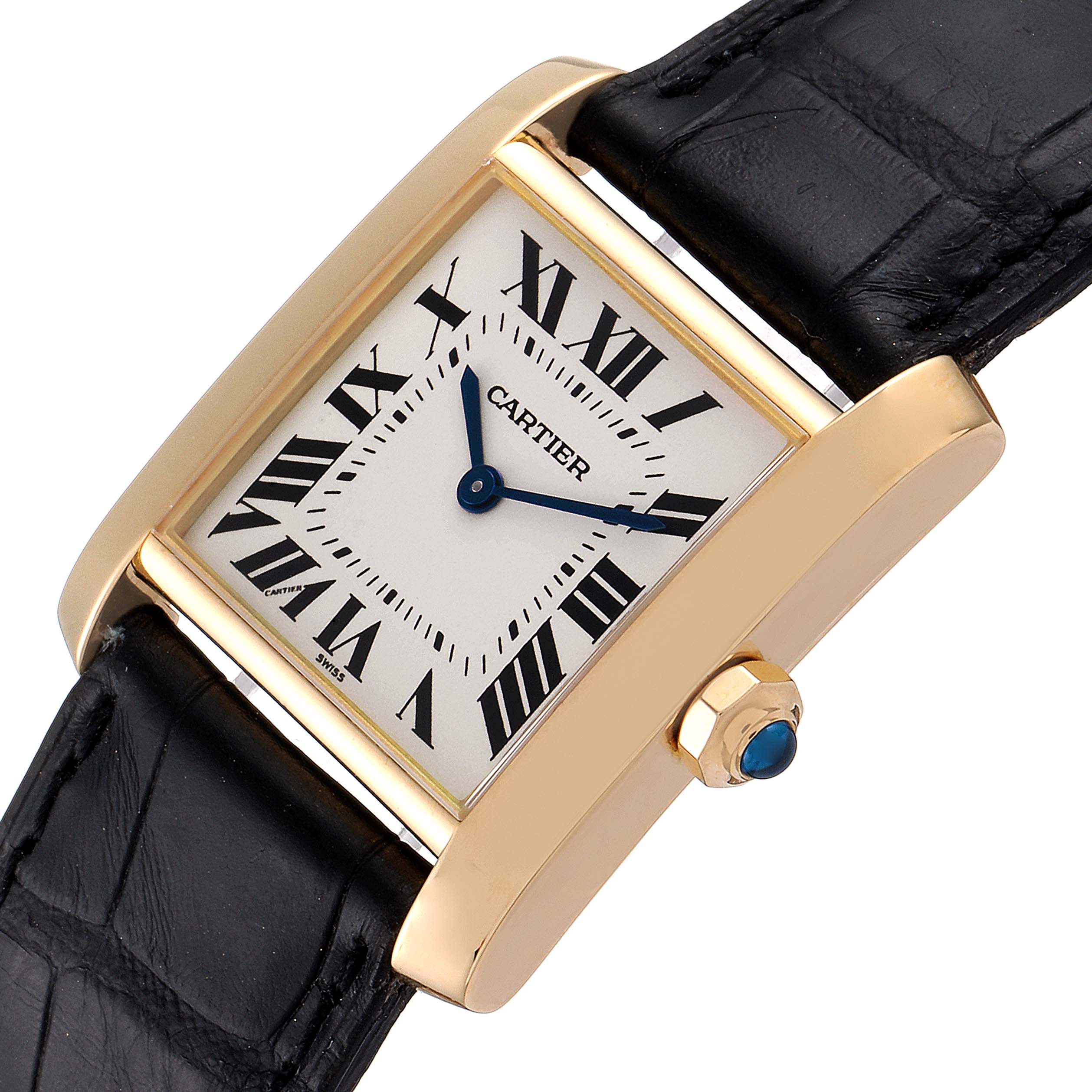 This image shows a Cartier Tank Française watch angled to display its face, crown, and a portion of the leather strap.