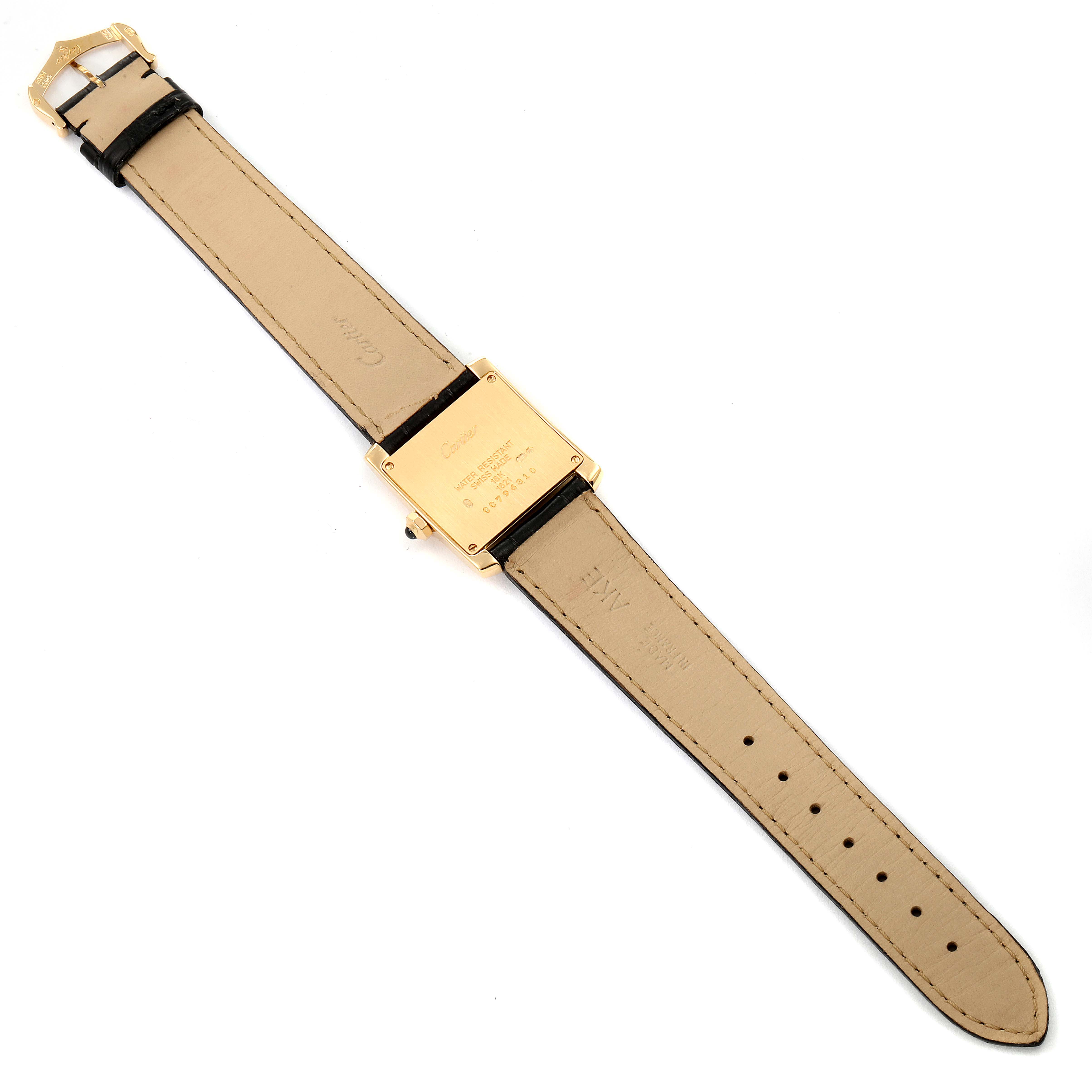 The image shows the back view of a Tank Francaise model by Cartier, including the case back and leather straps.