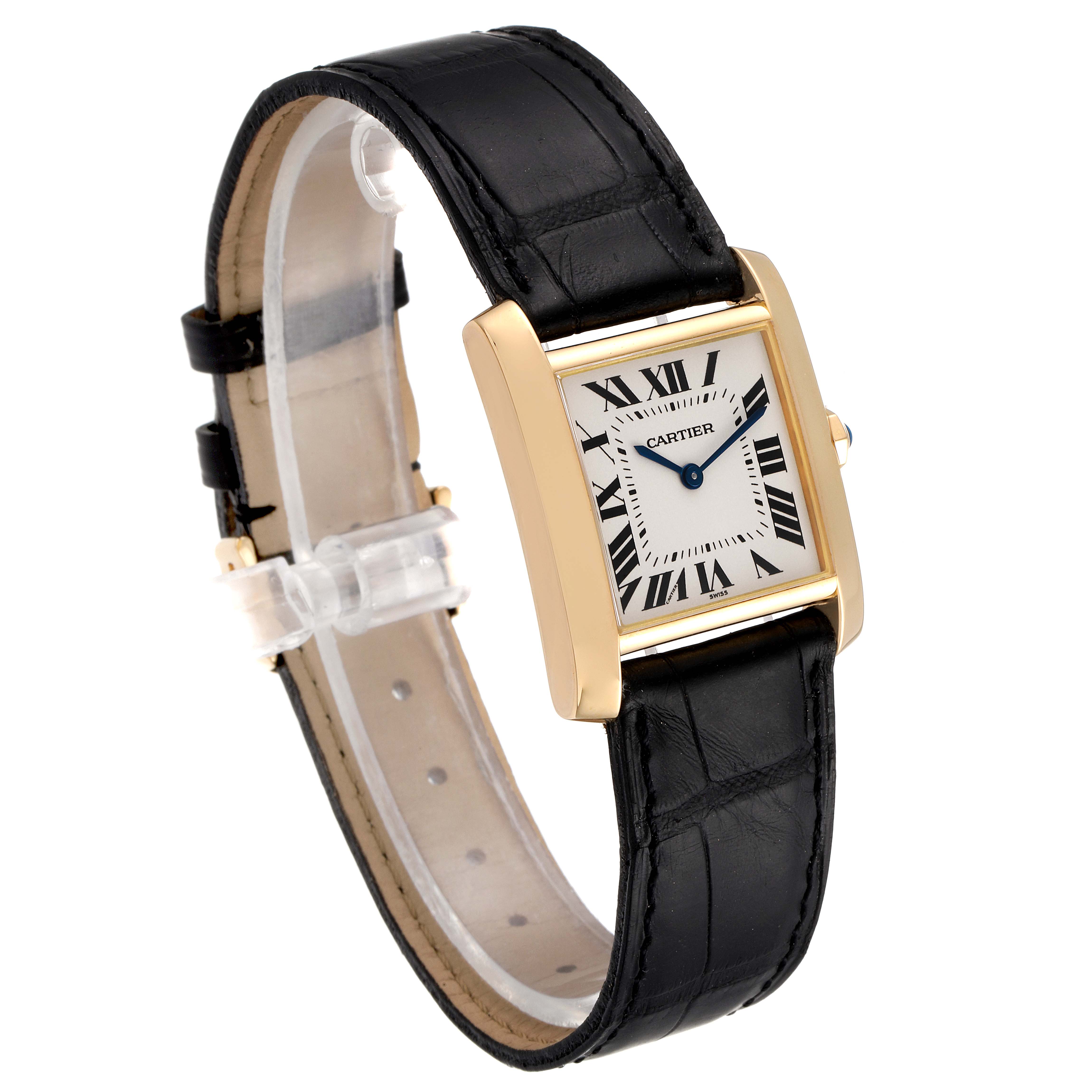 This Tank Française model by Cartier is shown at a slight left angle, displaying the face, case, and black leather strap.