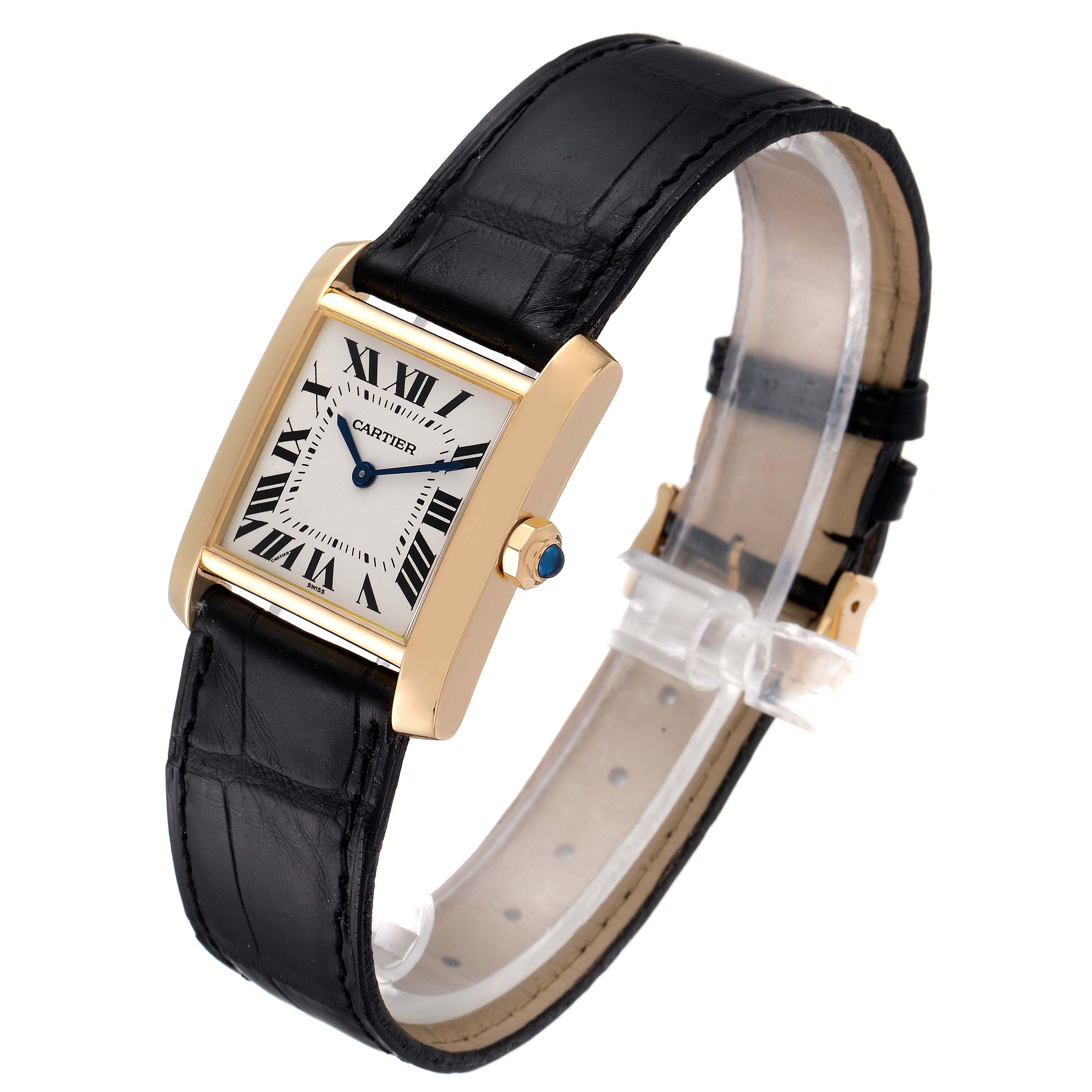 The image shows a Cartier Tank Francaise W5000356 Women's Rose Gold Silver Dial W5000356 Women's Rose Gold Silver Dial watch at a slight side angle, highlighting the face, bezel, crown, and black leather strap.
