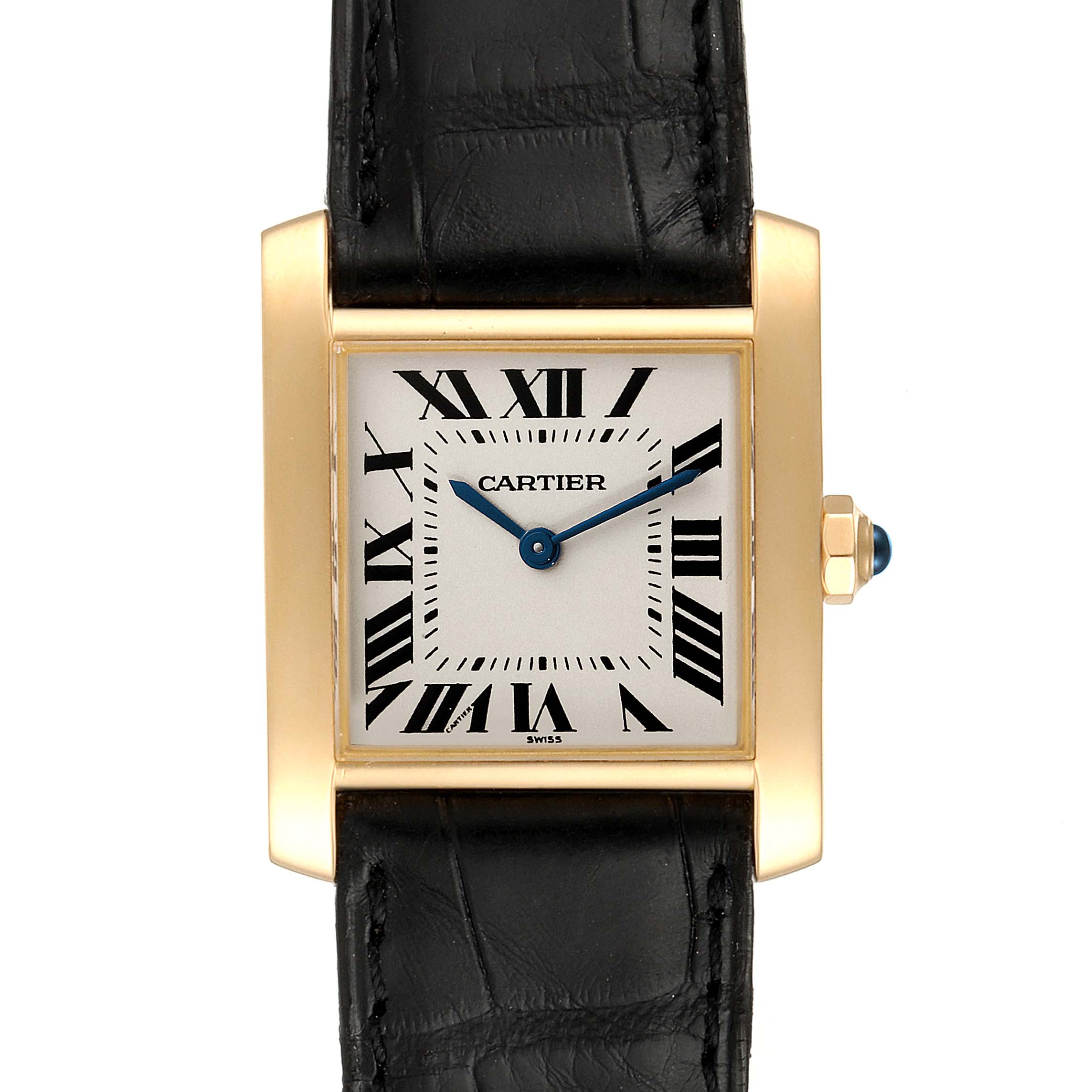 The image shows a front view of a Cartier Tank Francaise W5000356 Women's Rose Gold Silver Dial W5000356 Women's Rose Gold Silver Dial watch with a rectangular dial, black leather strap, and gold case.