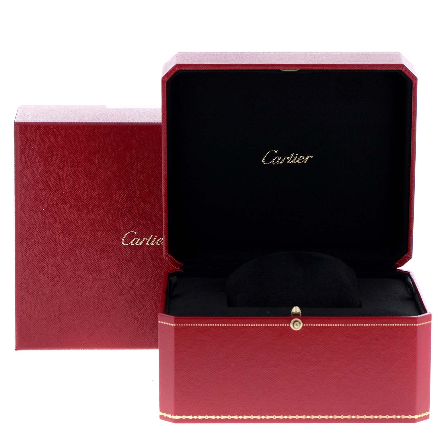 The image shows the red and black Cartier box for the Tank Francaise model, with the lid open.