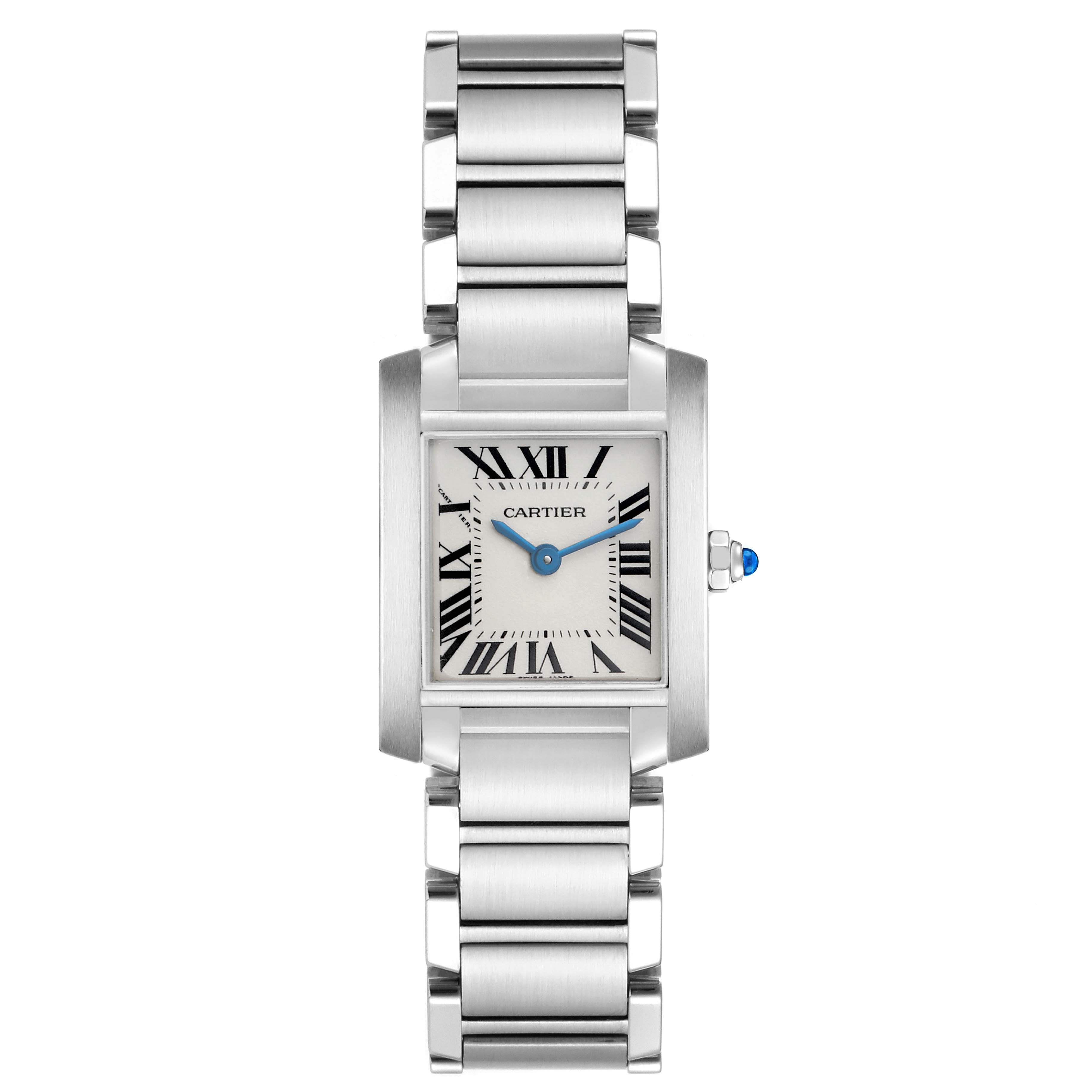 The Cartier Tank Francaise W51008Q3 Women's Stainless Steel Silver Dial watch is shown from the front, displaying the face, case, and bracelet.