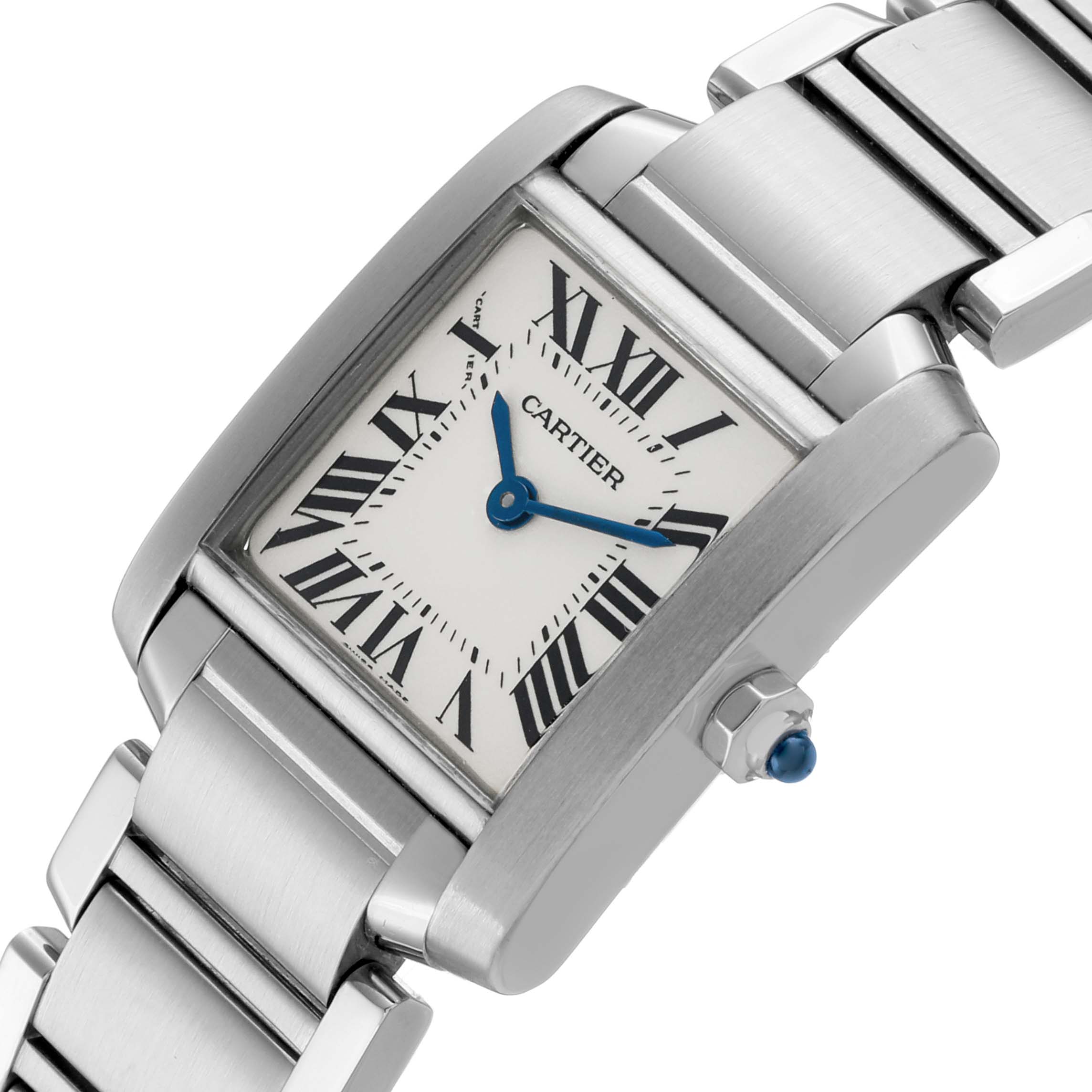 The Cartier Tank Francaise W51008Q3 Women's Stainless Steel Silver Dial watch is shown at an angle highlighting its rectangular face, Roman numerals, blue hands, and metal bracelet.