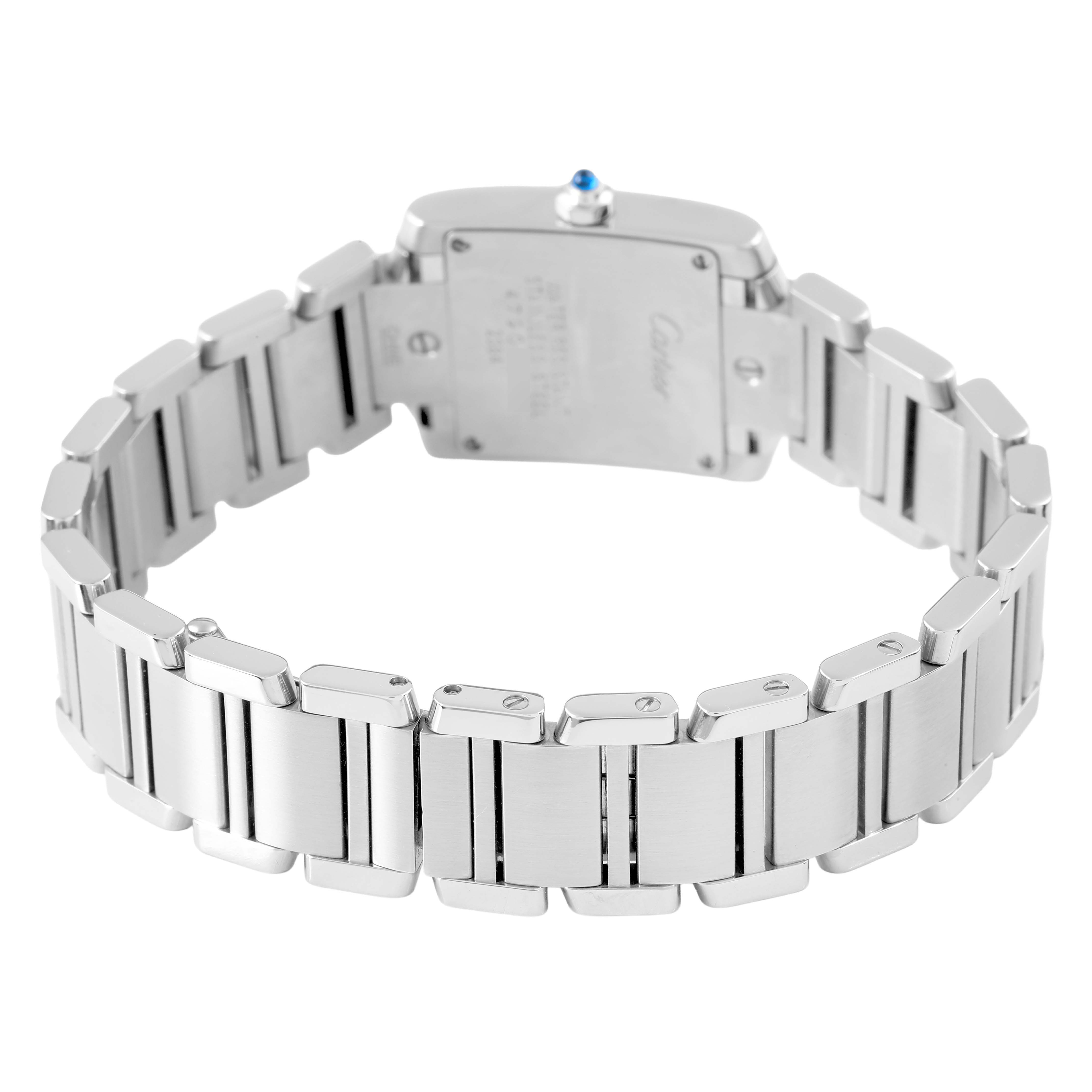 The Cartier Tank Francaise W51008Q3 Women's Stainless Steel Silver Dial watch is shown from the back, highlighting its case, bracelet links, and the signature crown with a blue stone.